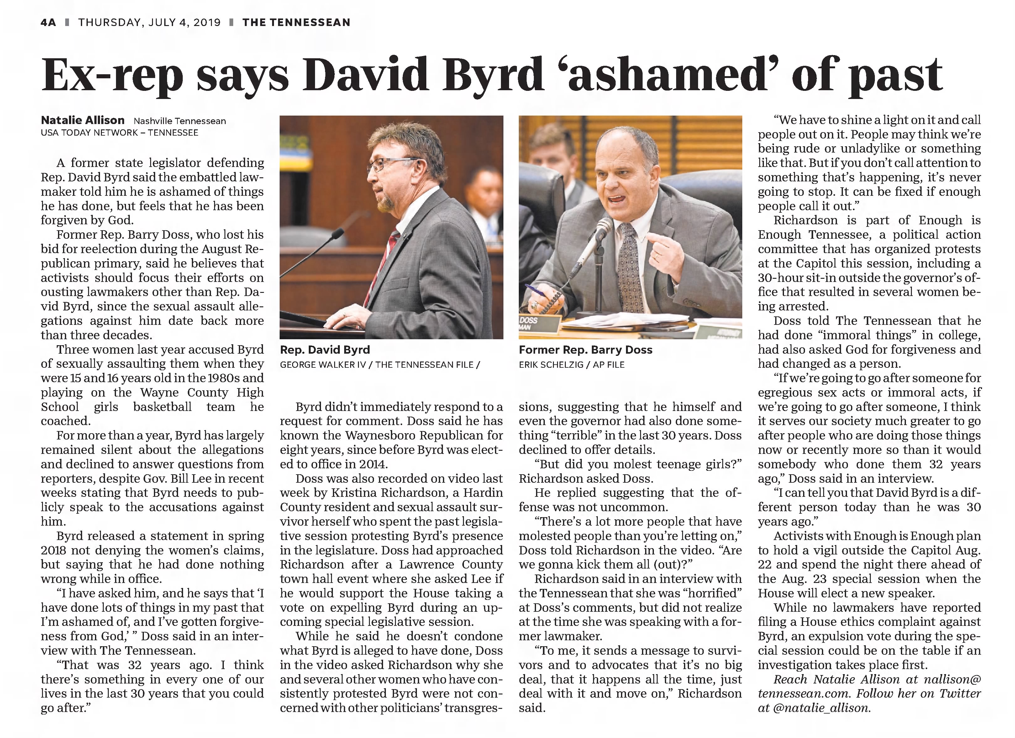 Ex-Rep says David Byrd 'ashamed' of past 
The Tennessean
Nashville, Tennessee &middot; Thursday, July 04, 2019