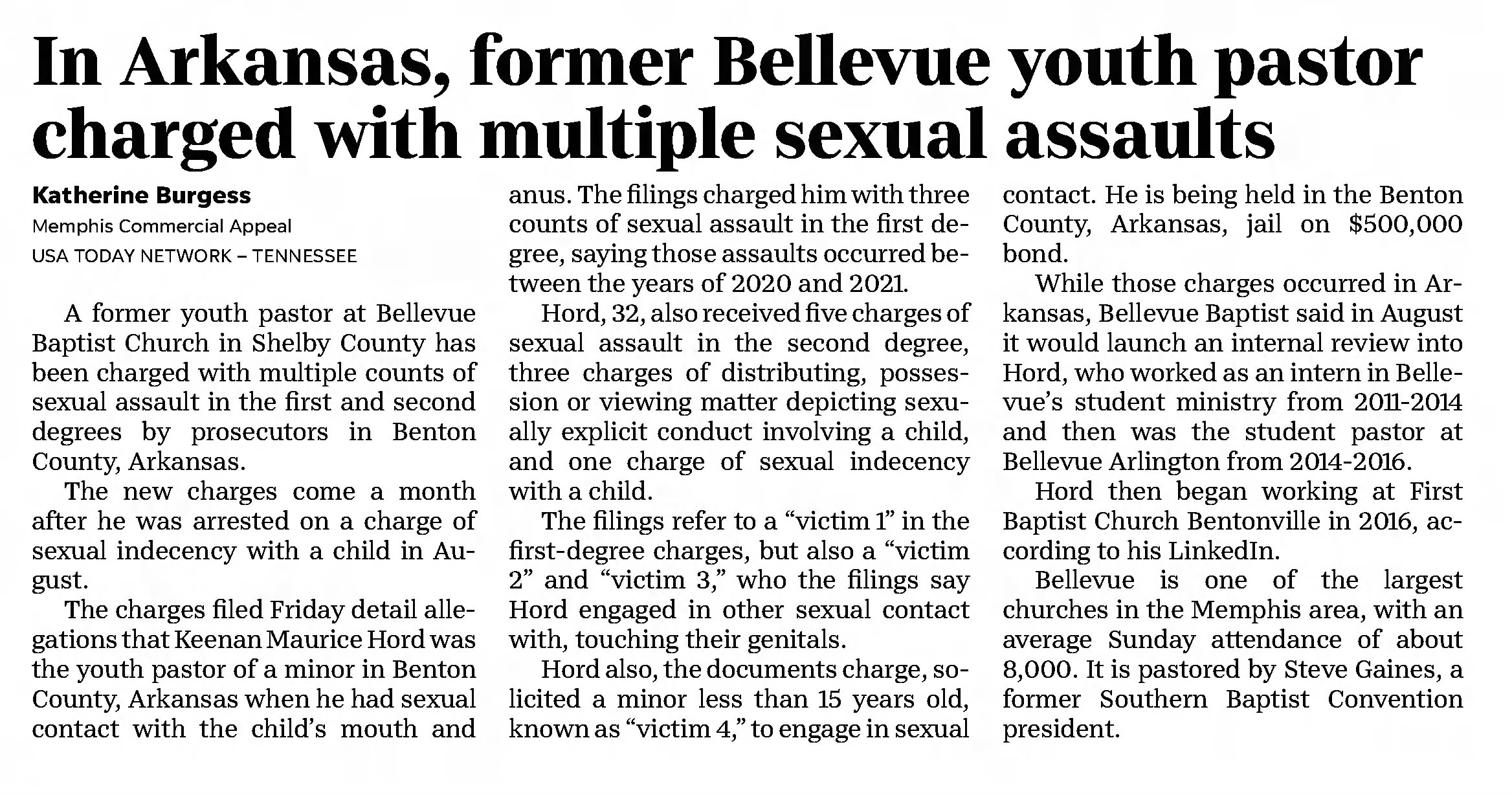 In Arkansas, former Bellevue youth pastor charged with multiple sexual assaults
The Commercial Appeal
Memphis, Tennessee · Sunday, October 02, 2022