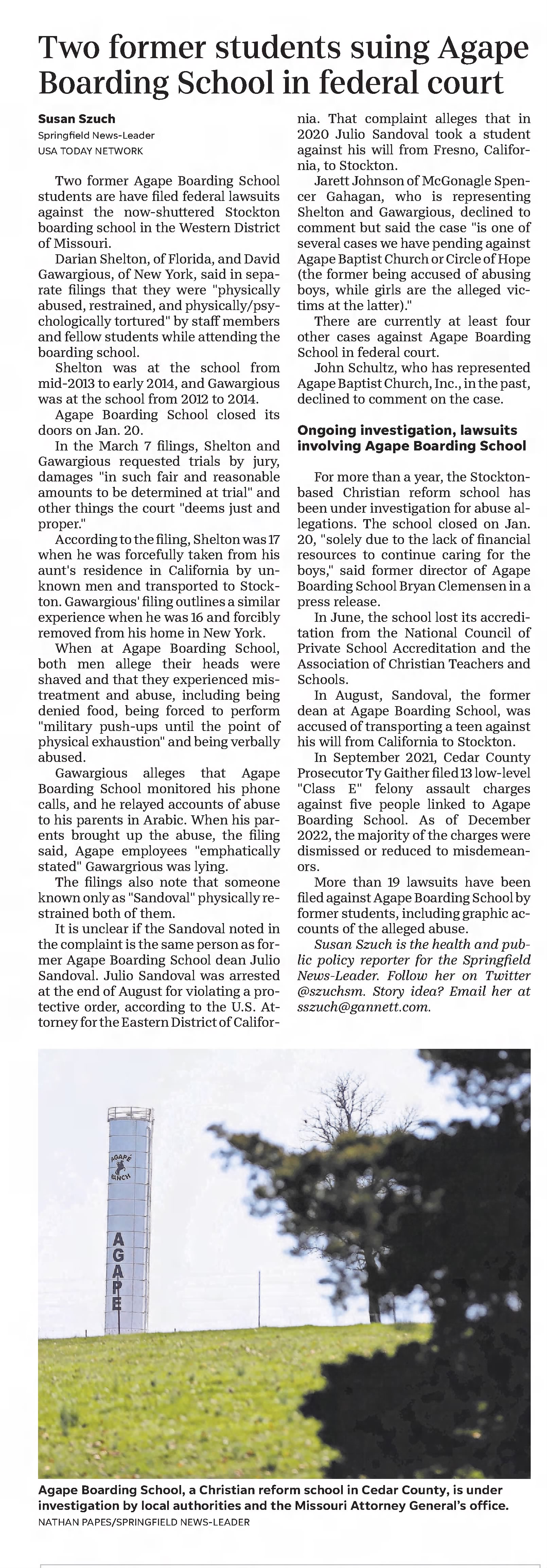 Two former students suing Agape Boarding School in federal court
The Springfield News-Leader
Springfield, Missouri · Thursday, March 09, 2023
