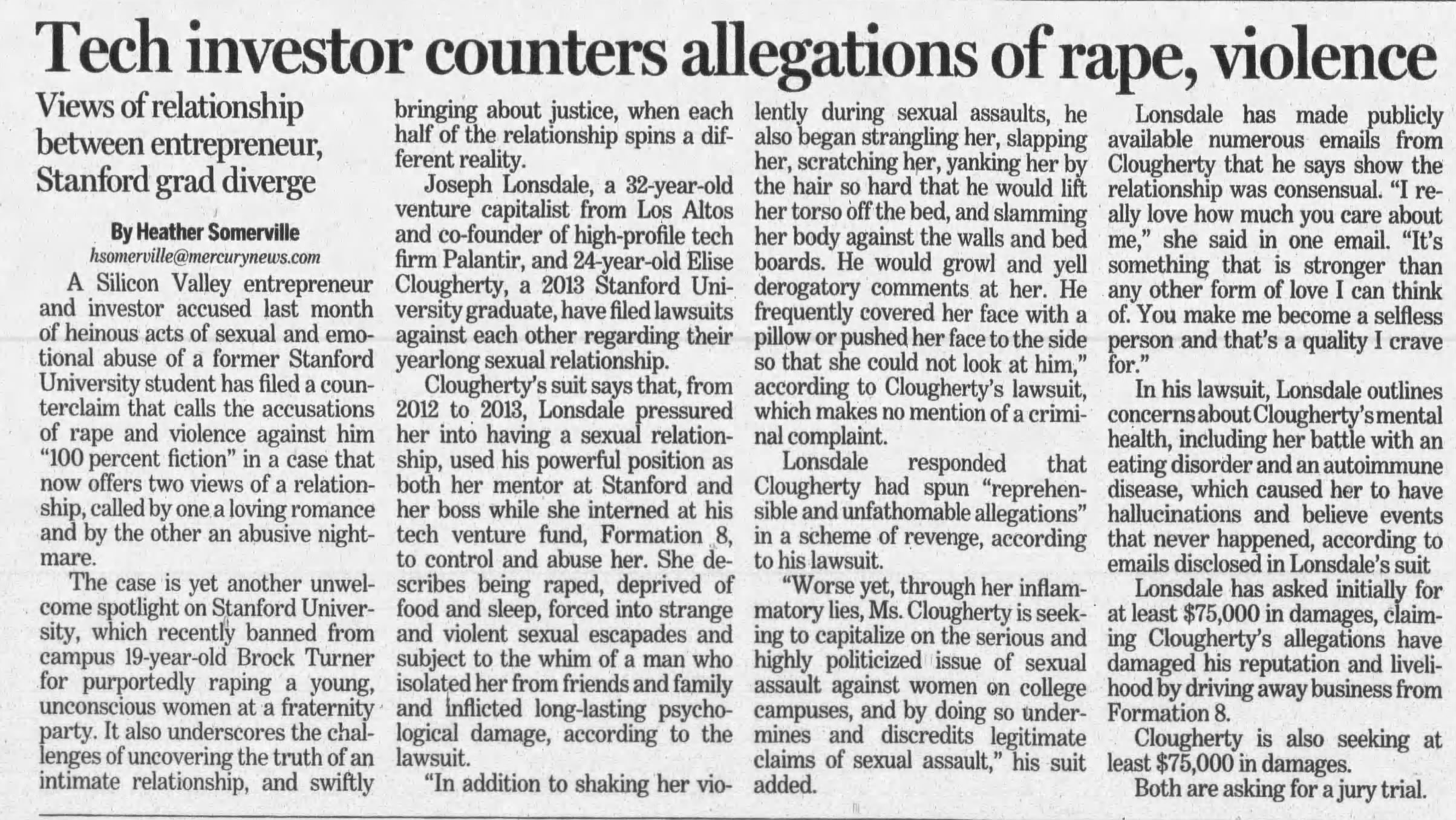 Tech investor counters allegations of rape, violence
Views of relationship between entrepreneur, Stanford grad diverge
Oakland Tribune
Oakland, California &middot; Tuesday, February 10, 2015