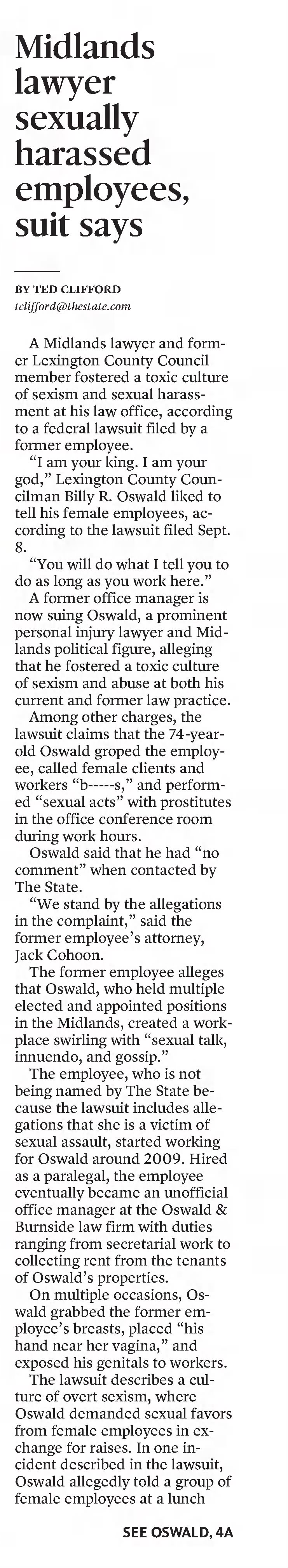 Midlands lawyer sexually harassed employees, suit says 
The State
Columbia, South Carolina &middot; Thursday, September 15, 2022