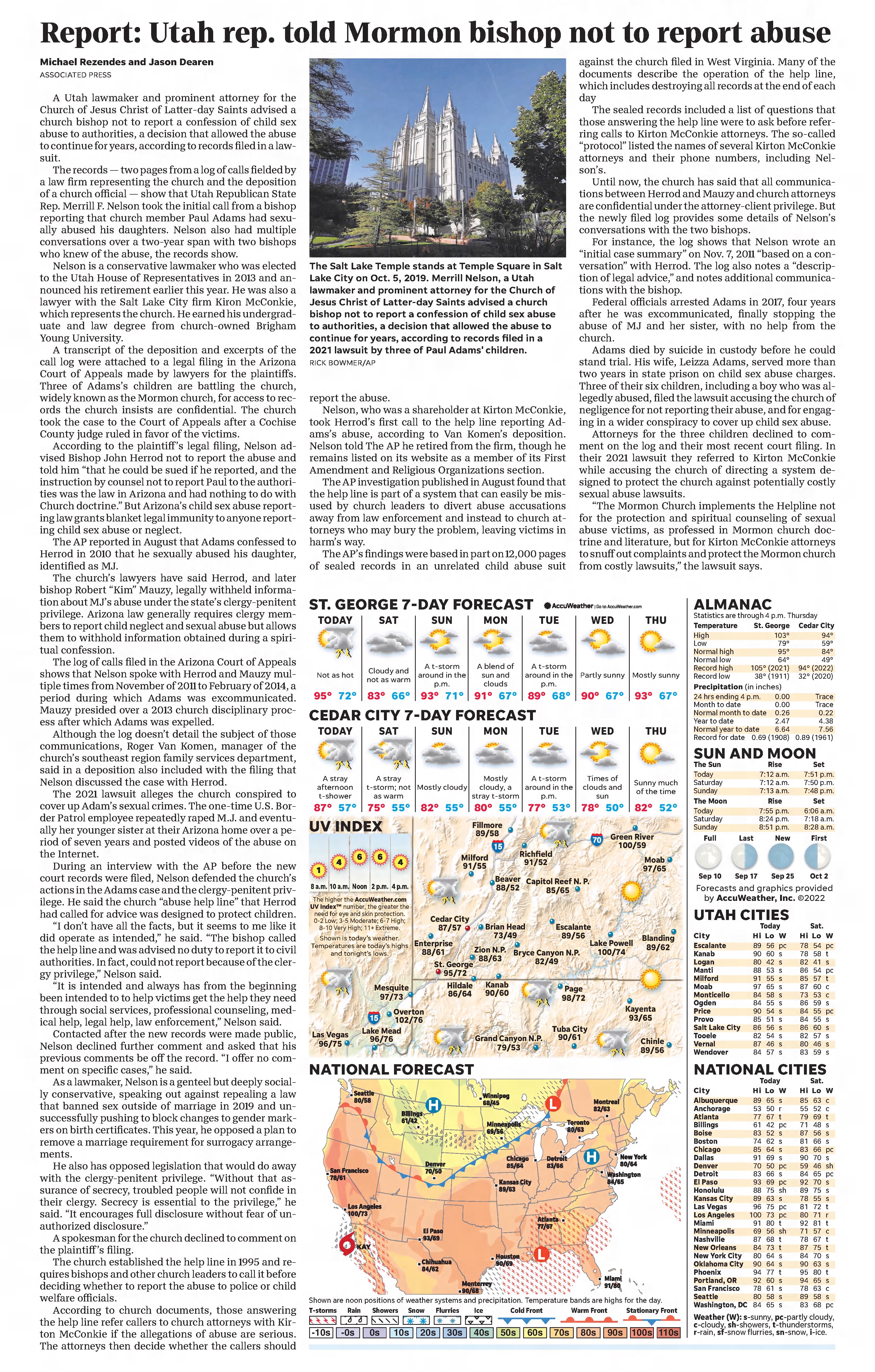 Report: Utah Rep told Mormon bishop not to report abuse
The Daily Spectrum
Saint George, Utah · Friday, September 09, 2022