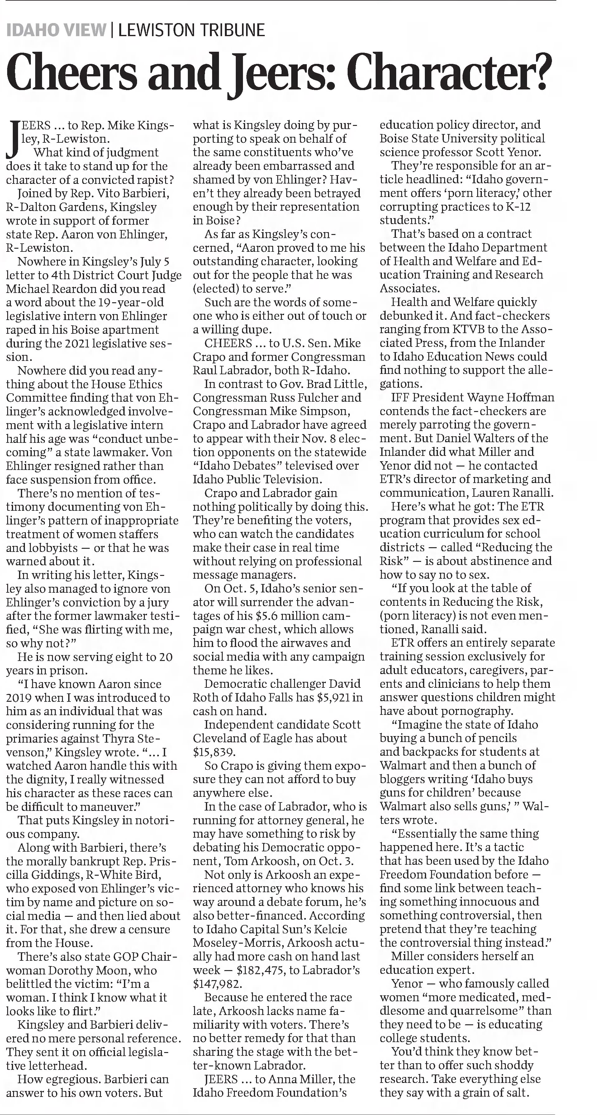 Cheers ad Jeers: Character? 

The Times-News
Twin Falls, Idaho &middot; Saturday, September 24, 2022