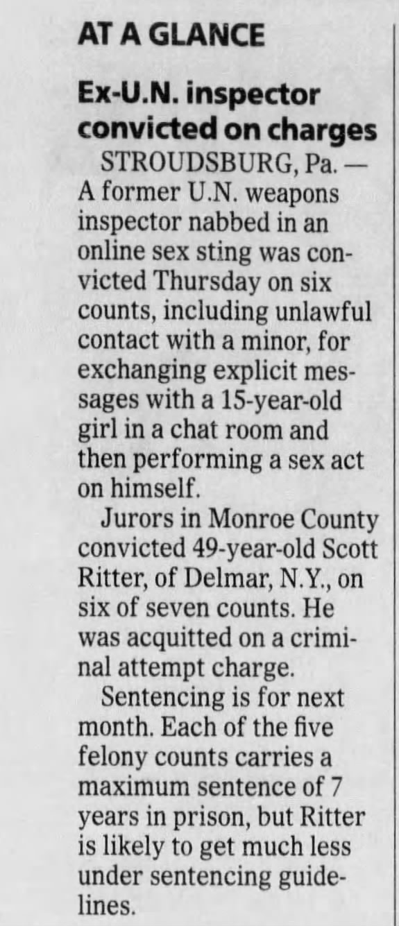 Ex-UN inspector convicted on charges  
Democrat and Chronicle
Rochester, New York &middot; Friday, April 15, 2011