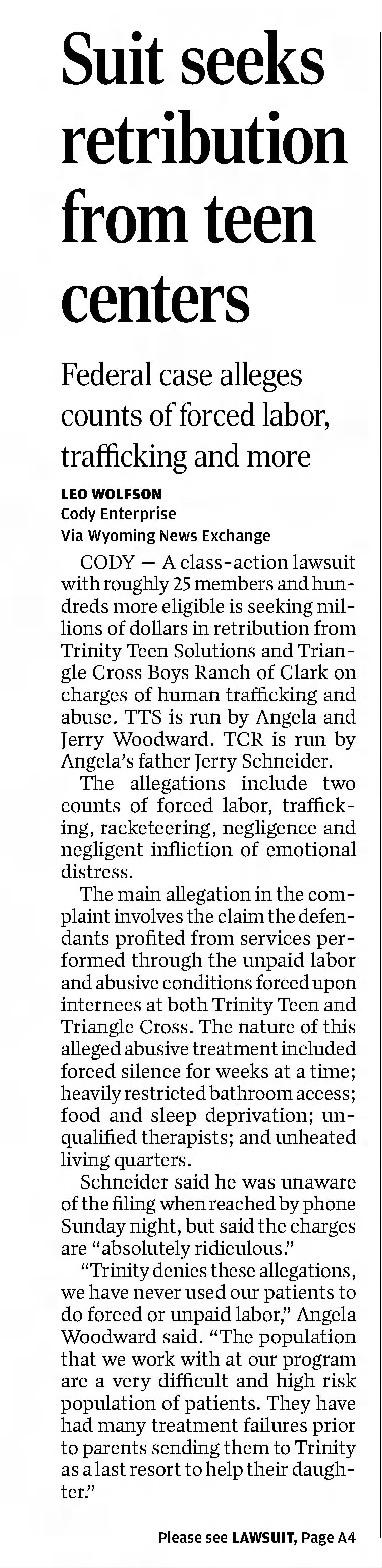 Suit seeks retribution from teen centers
Casper Star-Tribune
Casper, Wyoming · Wednesday, December 02, 2020