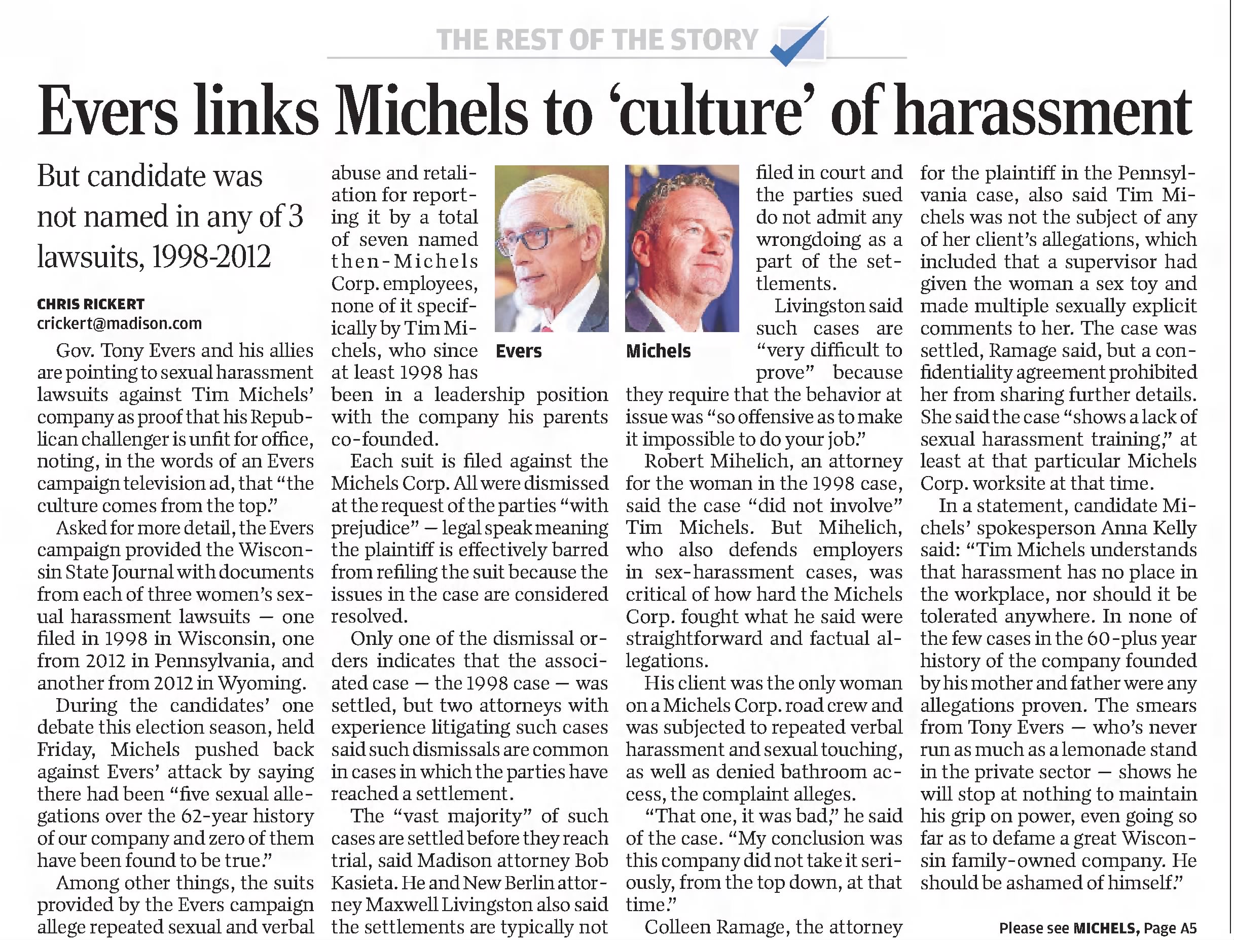 Evers links Michels to culture of harassment 
Wisconsin State Journal
Madison, Wisconsin &middot; Thursday, October 20, 2022