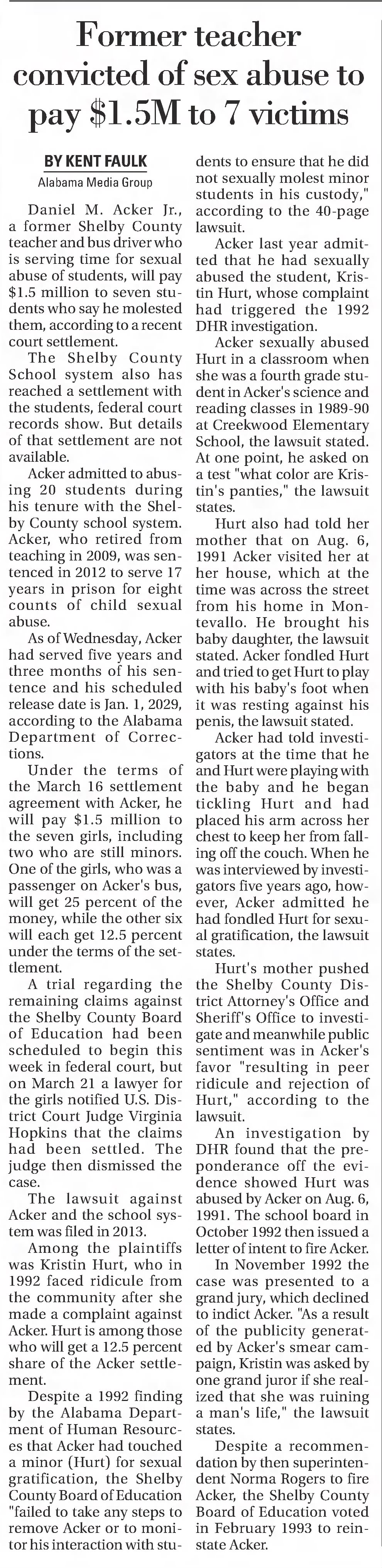 Former teacher convicted of sex abuse to pay $1.5 million to 7 victims 
The Anniston Star
Anniston, Alabama &middot; Thursday, April 06, 2017