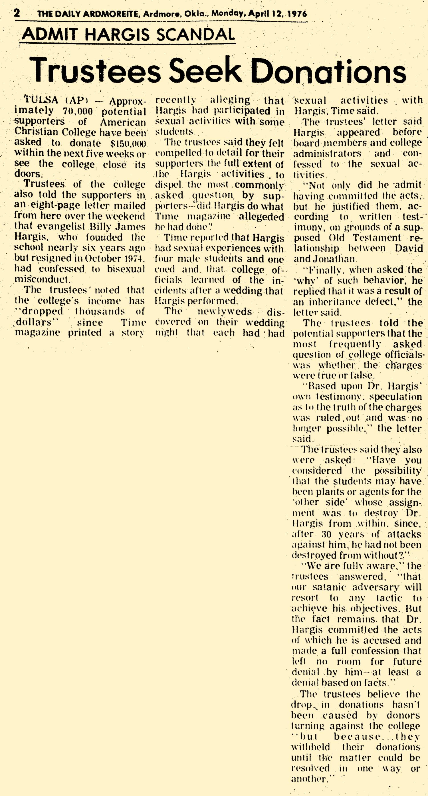 Trustees Seek Donations
Admit Hargis Scandal 
Ardmore Daily Ardmoreite
Apr 12, 1976, Page 2