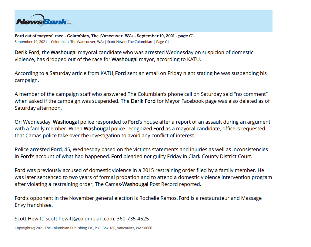Ford Out of Mayoral Race
September 19, 2021 | Columbian, The (Vancouver, WA)
