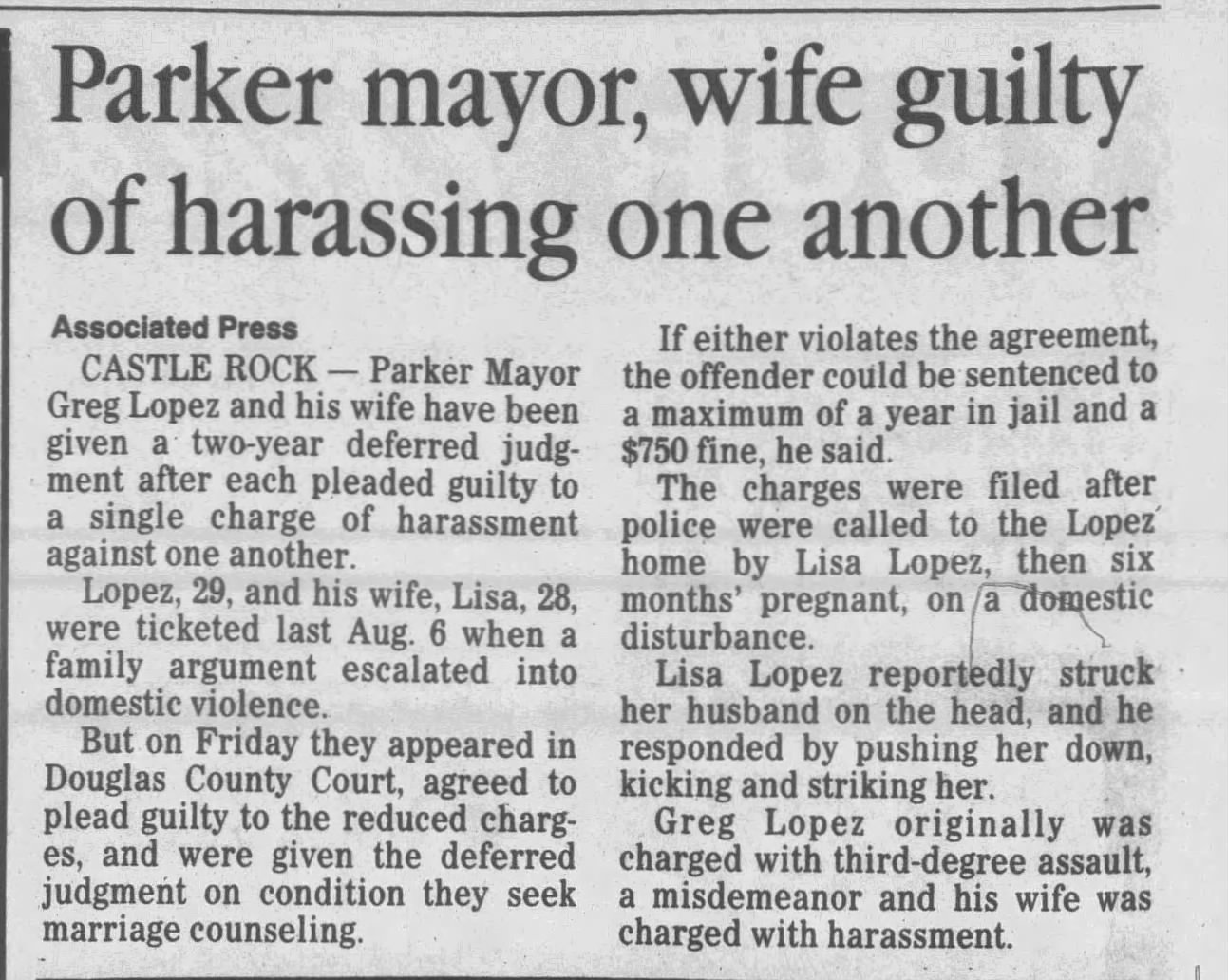 Parker mayor, wife guilty of harassing one another 
The Daily Sentinel
Grand Junction, Colorado &middot; Sunday, March 13, 1994