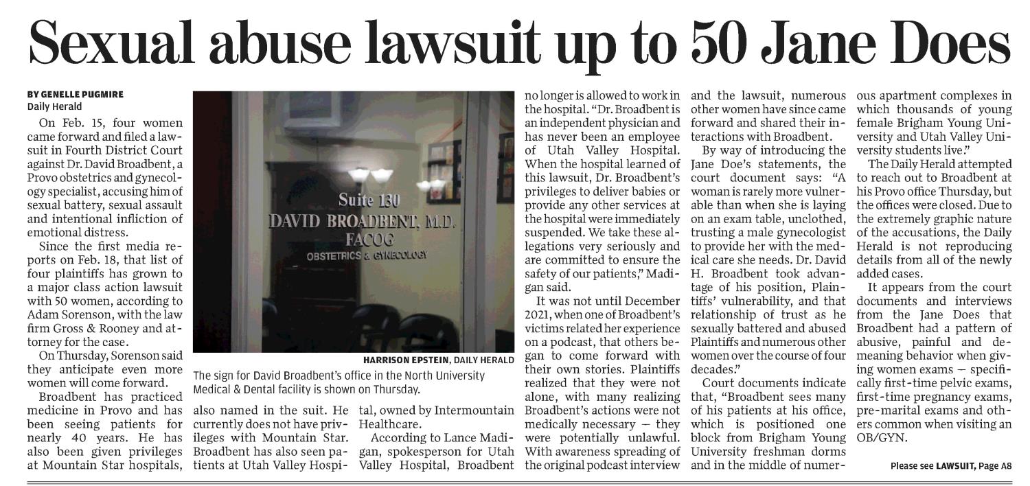 Sexual abuse lawsuit up to 50 Jane Does 
Provo Daily Herald
18 Mar 2022, Provo, Utah