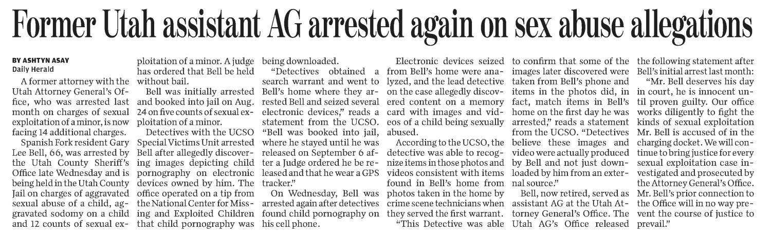 Former Utah assistant AG arrested again on sex abuse allegations
Utah Provo Daily Herald
Sep 17, 2022, Page 1