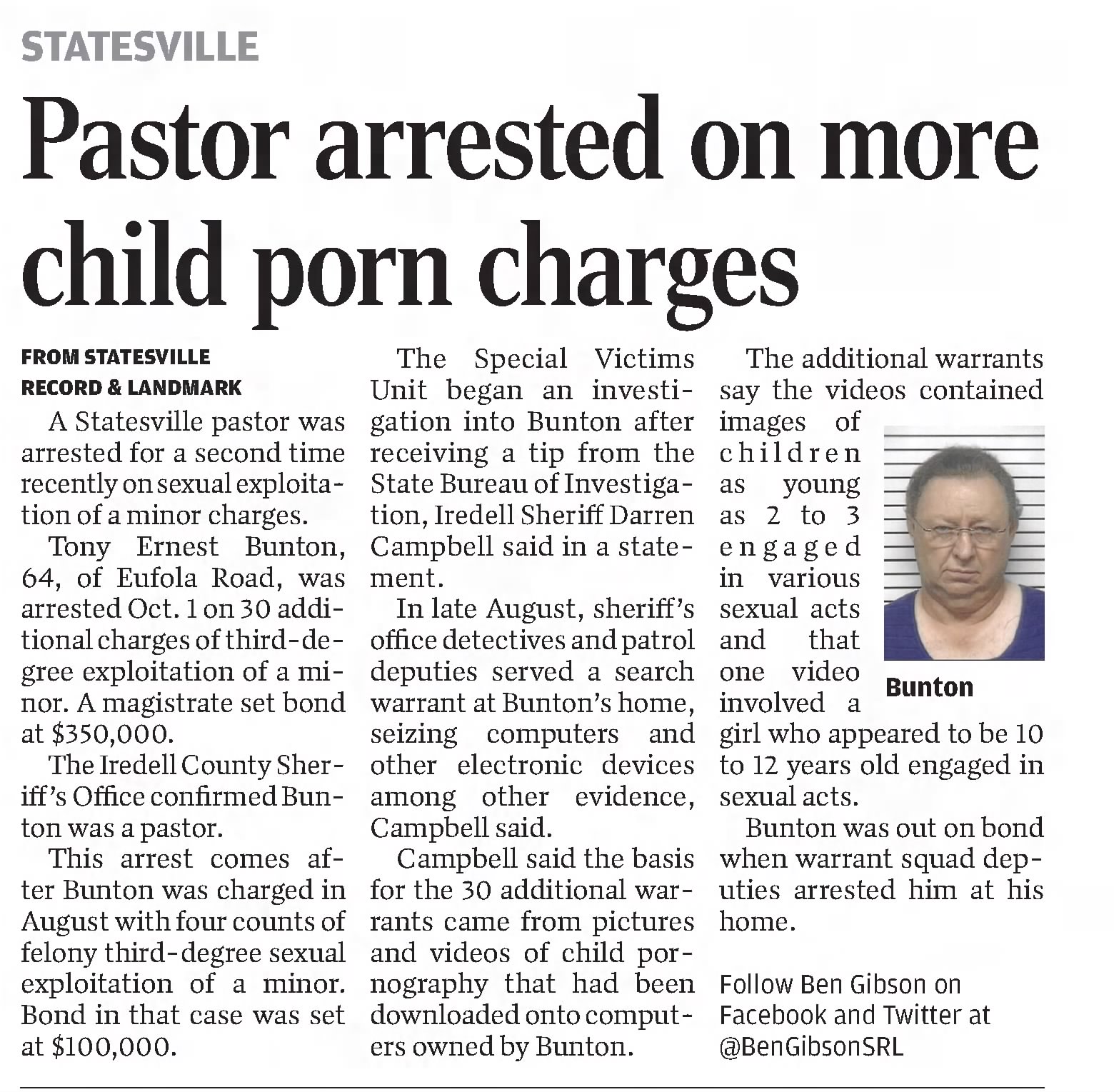 Pastor arrested on more child porn charges
Independent Tribune
Concord, North Carolina · Sunday, October 10, 2021
