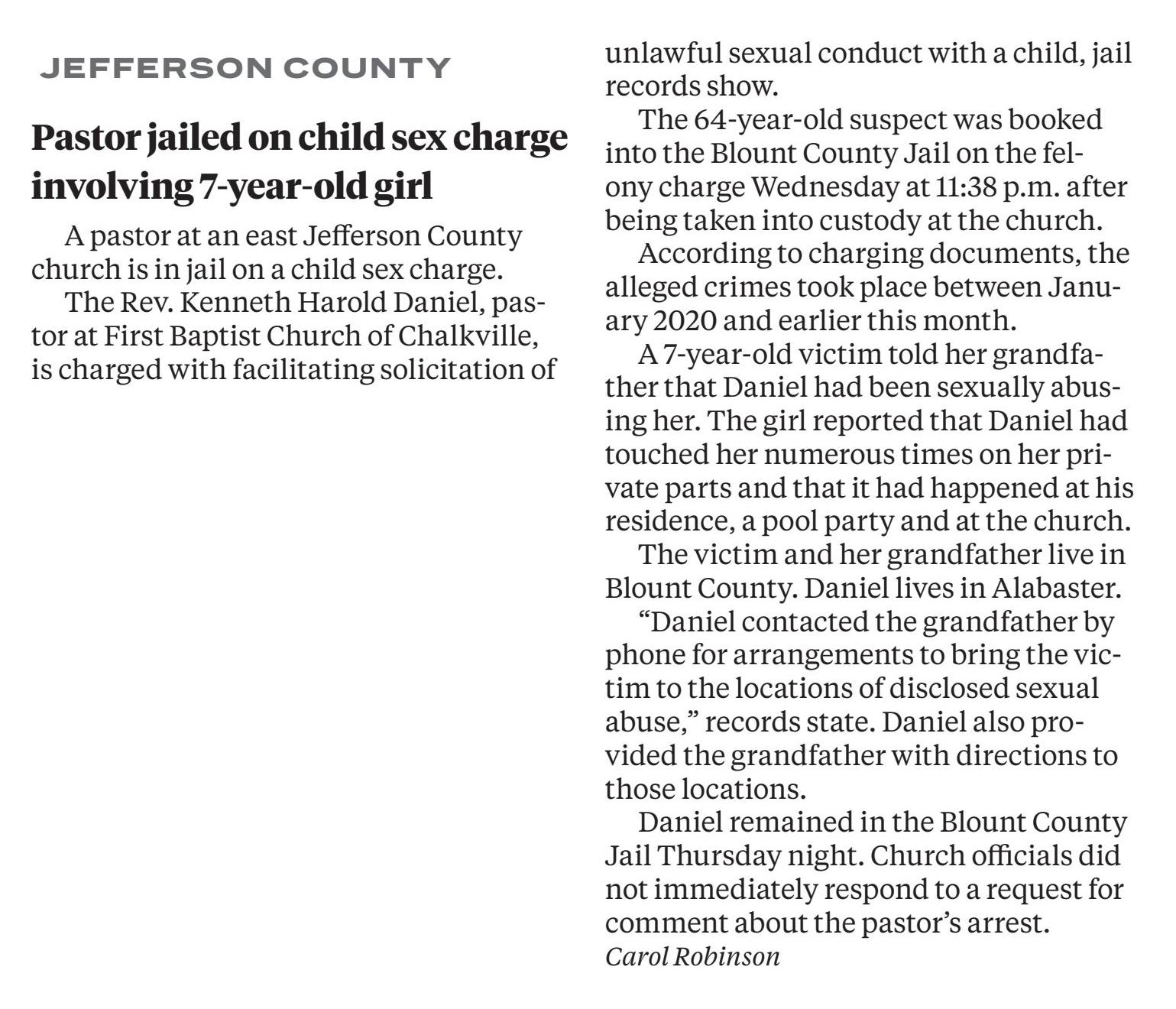 Pastor jailed on child sex charge involving 7-year-old girl
Birmingham News (AL)
October 23, 2022