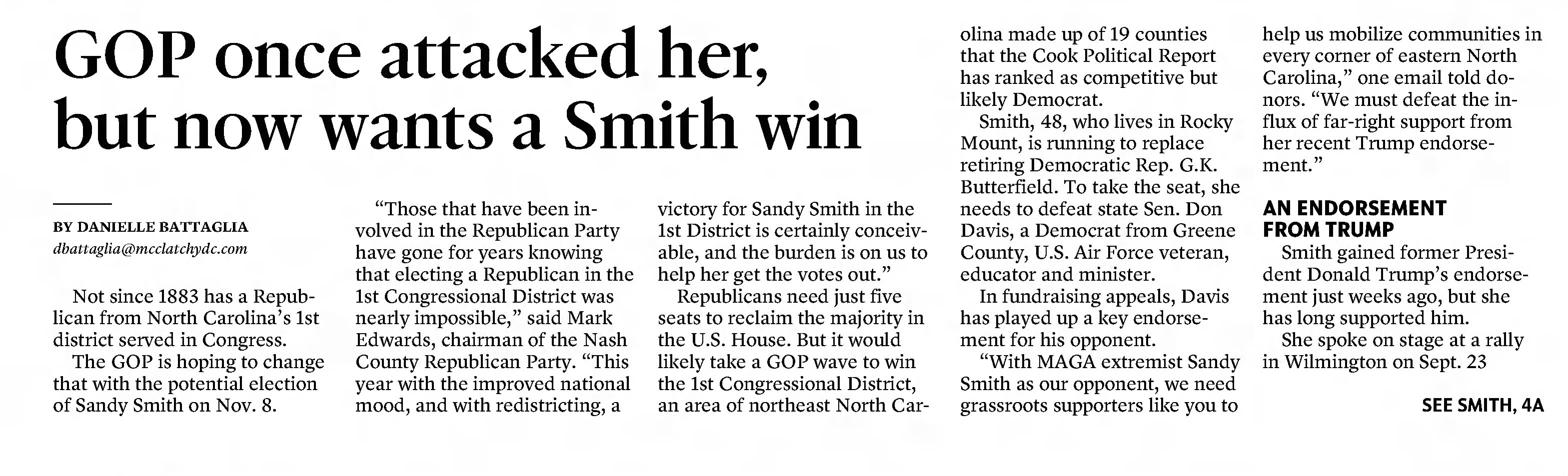 GOP once attacked her, but now wants a Smith win
The Herald-Sun
Durham, North Carolina · Friday, November 04, 2022