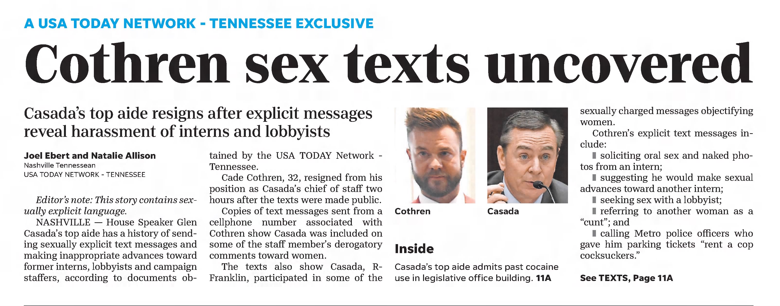 Cothren Sex Texts Uncovered
Casada's top aide resigns after explicit message reveal harassment of interns and lobbyists 
The Knoxville News-Sentinel
Knoxville, Tennessee &middot; Tuesday, May 07, 2019