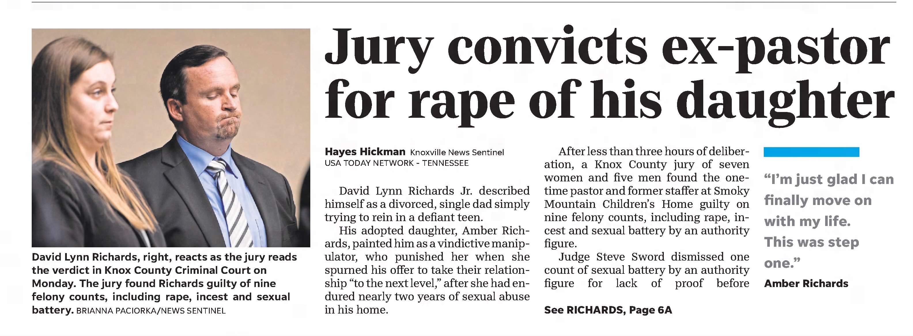 Jury convicts ex-pastor for rape of his daughter 
The Knoxville News-Sentinel
Knoxville, Tennessee &middot; Tuesday, February 12, 2019