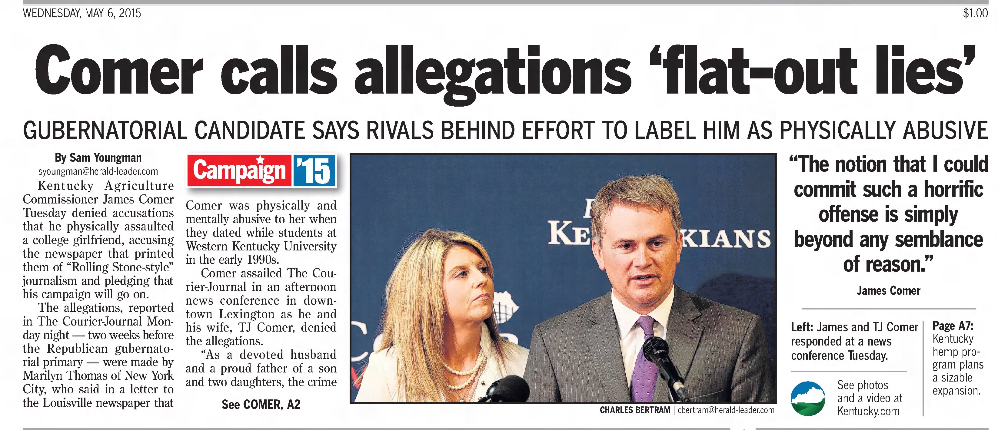 Comer calls allegations 'flat-out lies'
Lexington Herald-Leader
Lexington, Kentucky &middot; Wednesday, May 06, 2015