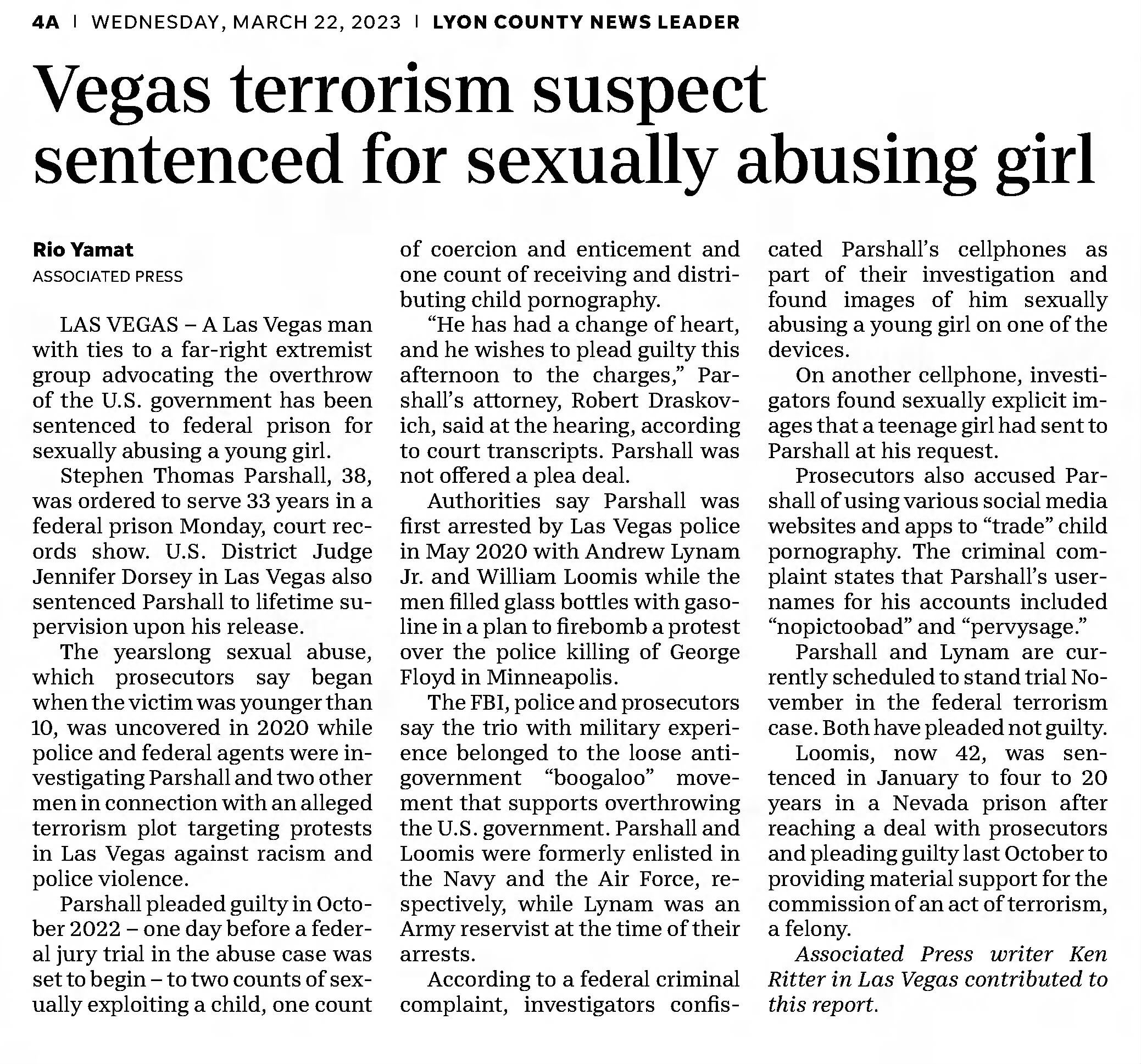 Vegas terrorism suspect sentenced for sexually abusing girl
Reno Gazette-Journal
Reno, Nevada · Wednesday, March 22, 2023
