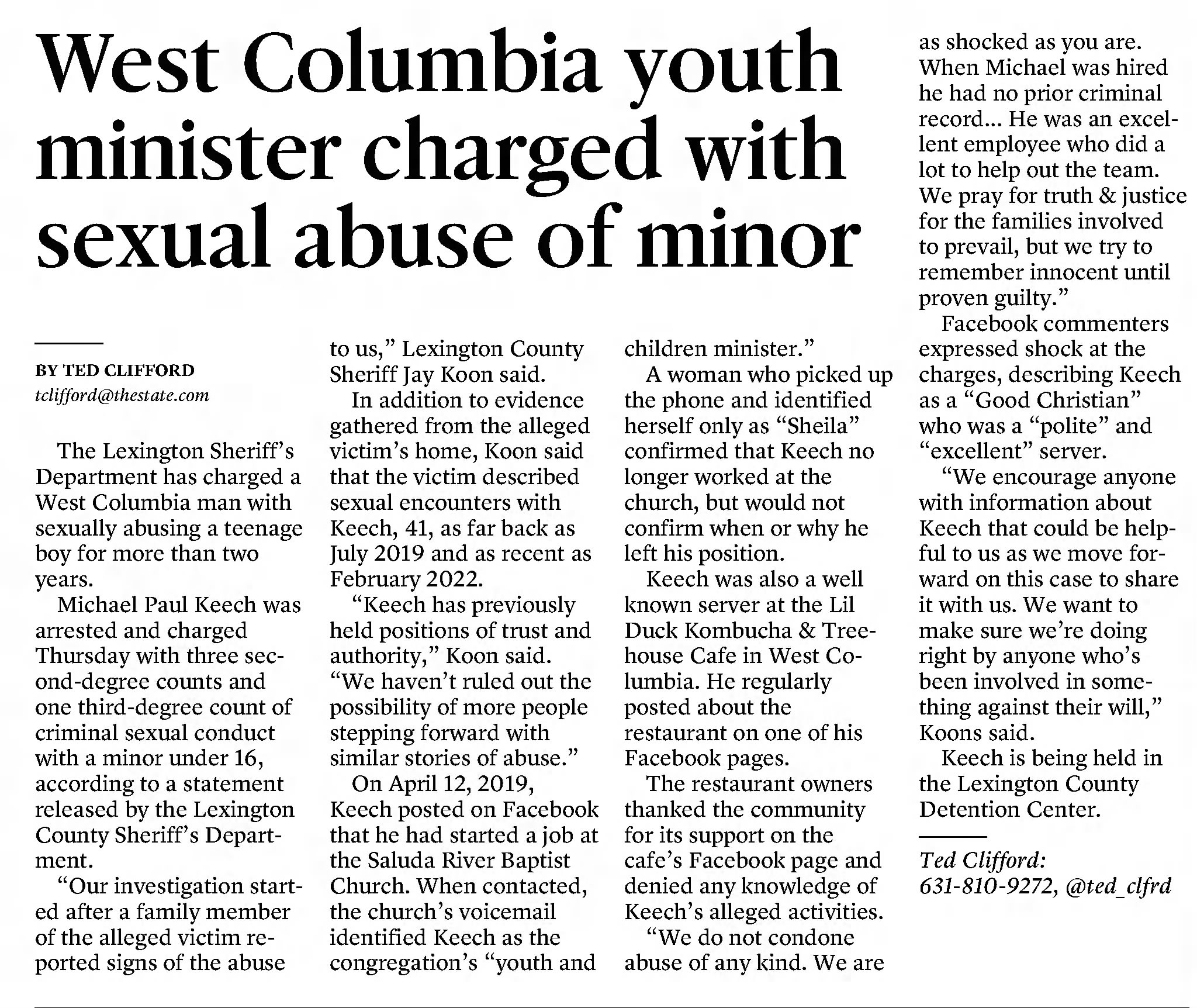 West Columbia youth minister charged with sexual abuse of minor
The State
Columbia, South Carolina · Monday, October 24, 2022