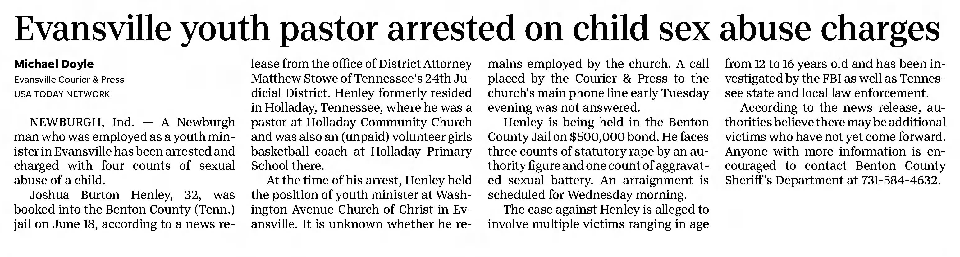Evansville youth pastor arrested on child sex abuse charges
Evansville Courier and Press
Evansville, Indiana &middot; Thursday, June 24, 2021
