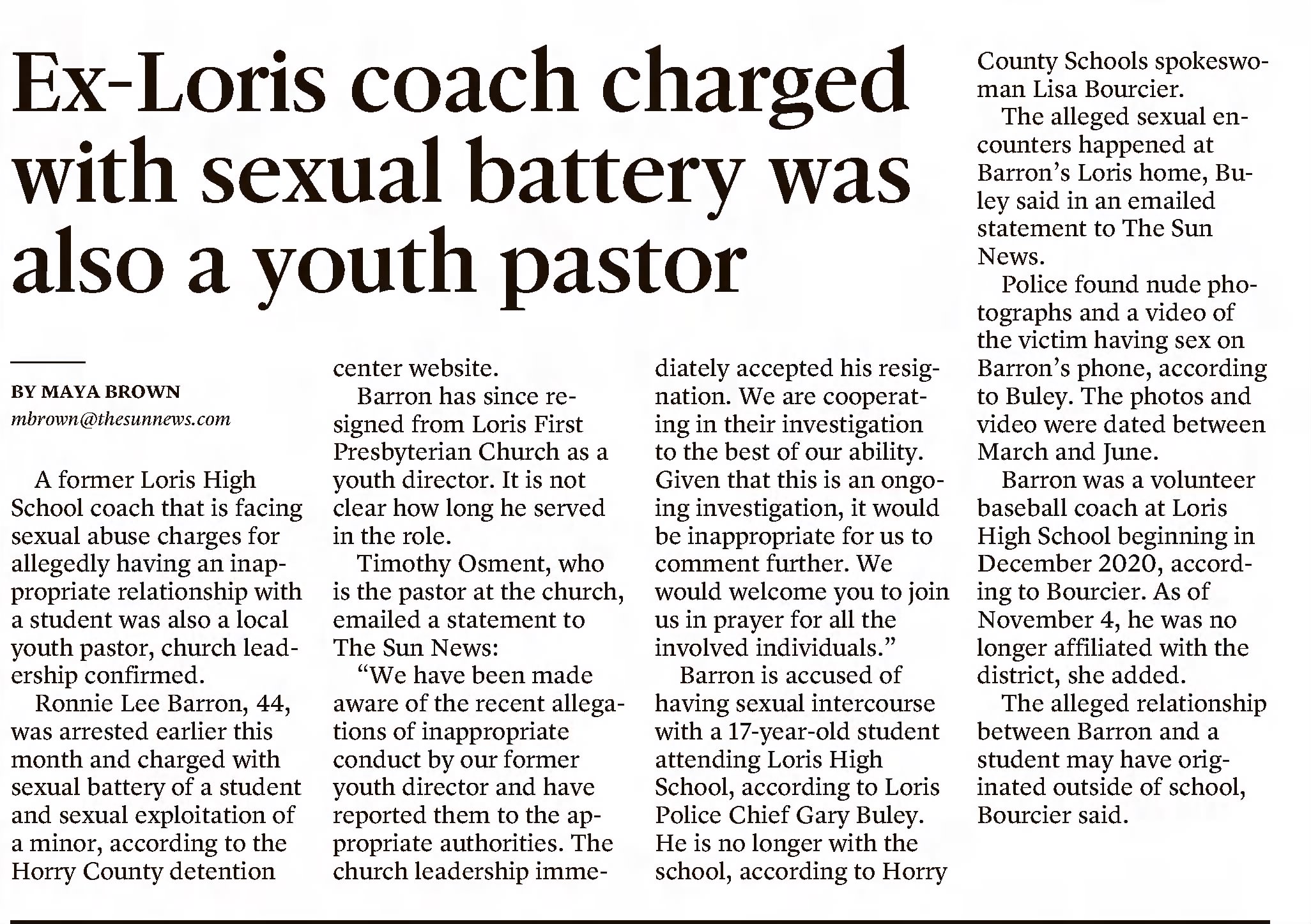 Ex-Loris coach charged with sexual battery was also a youth pastor 
Sun-News
Myrtle Beach, South Carolina &middot; Thursday, December 30, 2021