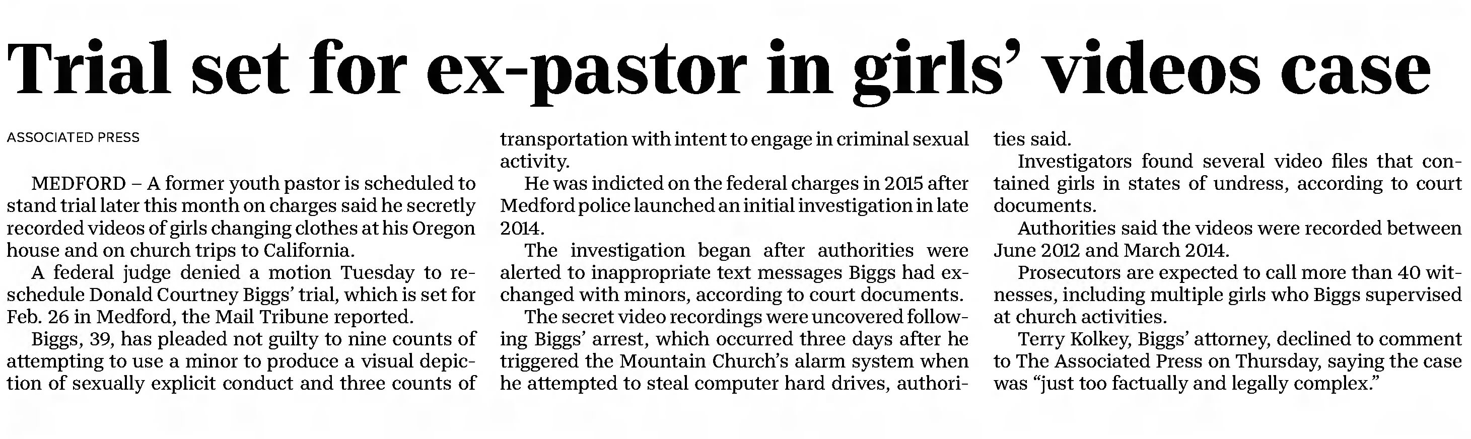 Trial set for ex-pastor in girls' videos case
Statesman Journal
Salem, Oregon &middot; Friday, February 09, 2018
