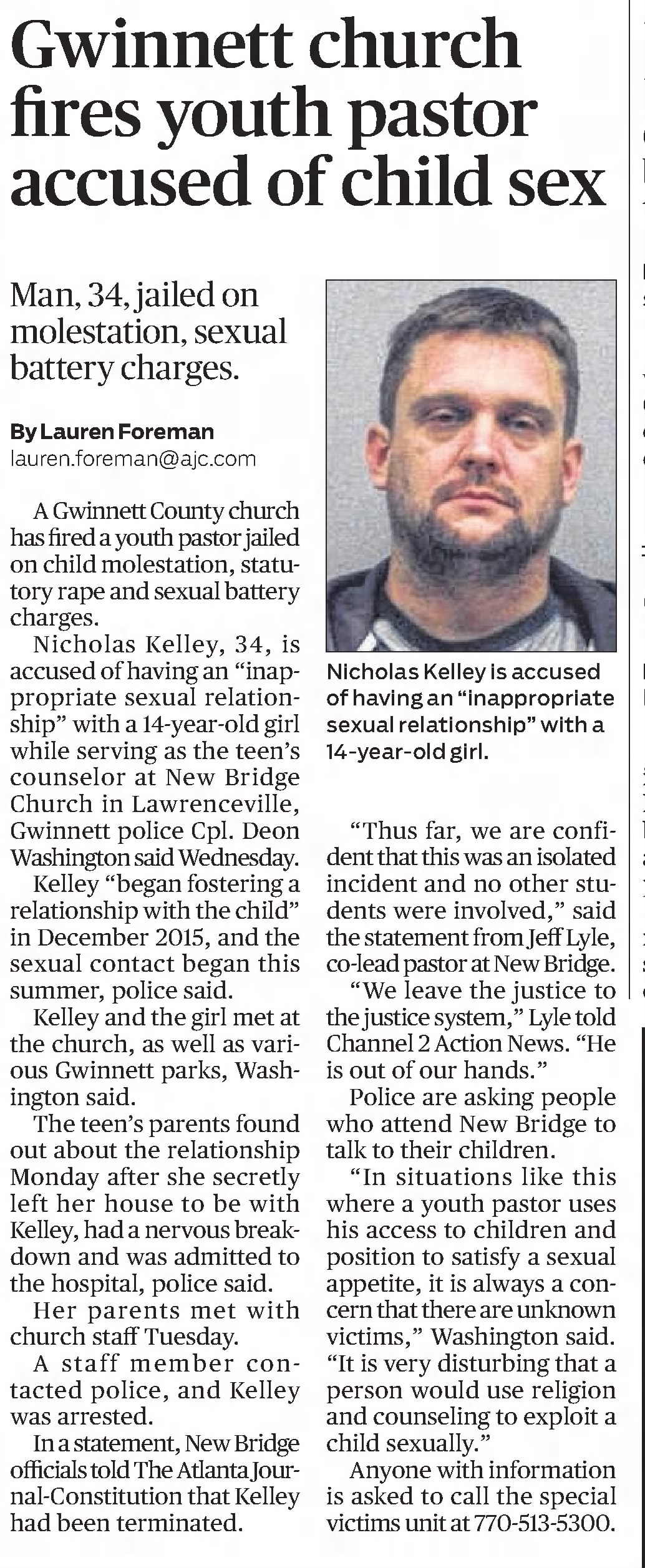 Gwinnett church fires youth pastor accused of child sex
The Atlanta Constitution
Atlanta, Georgia · Thursday, December 29, 2016