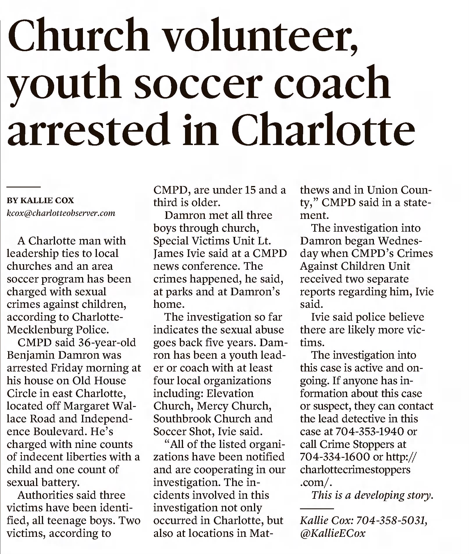 Church volunteer, youth soccer coach arrested in Charlotte
The Charlotte Observer
Charlotte, North Carolina · Saturday, November 19, 2022
