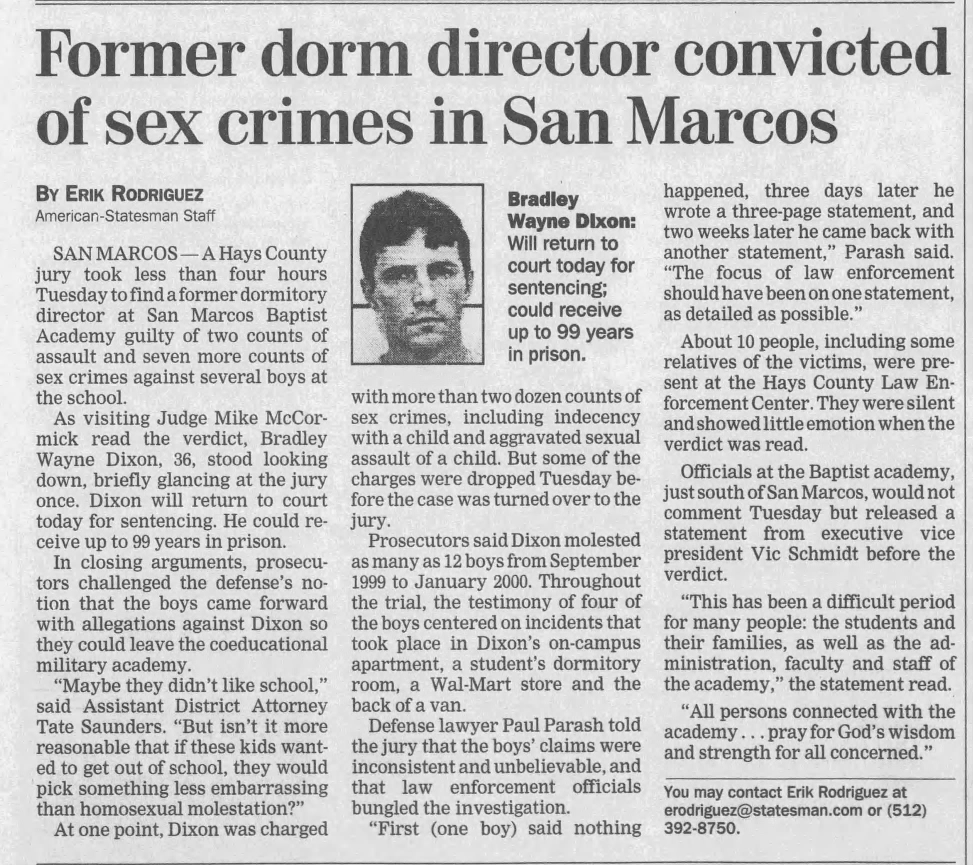Former dorm director convicted of sex crimes in San Marcos
Austin American-Statesman
Austin, Texas · Wednesday, August 01, 2001