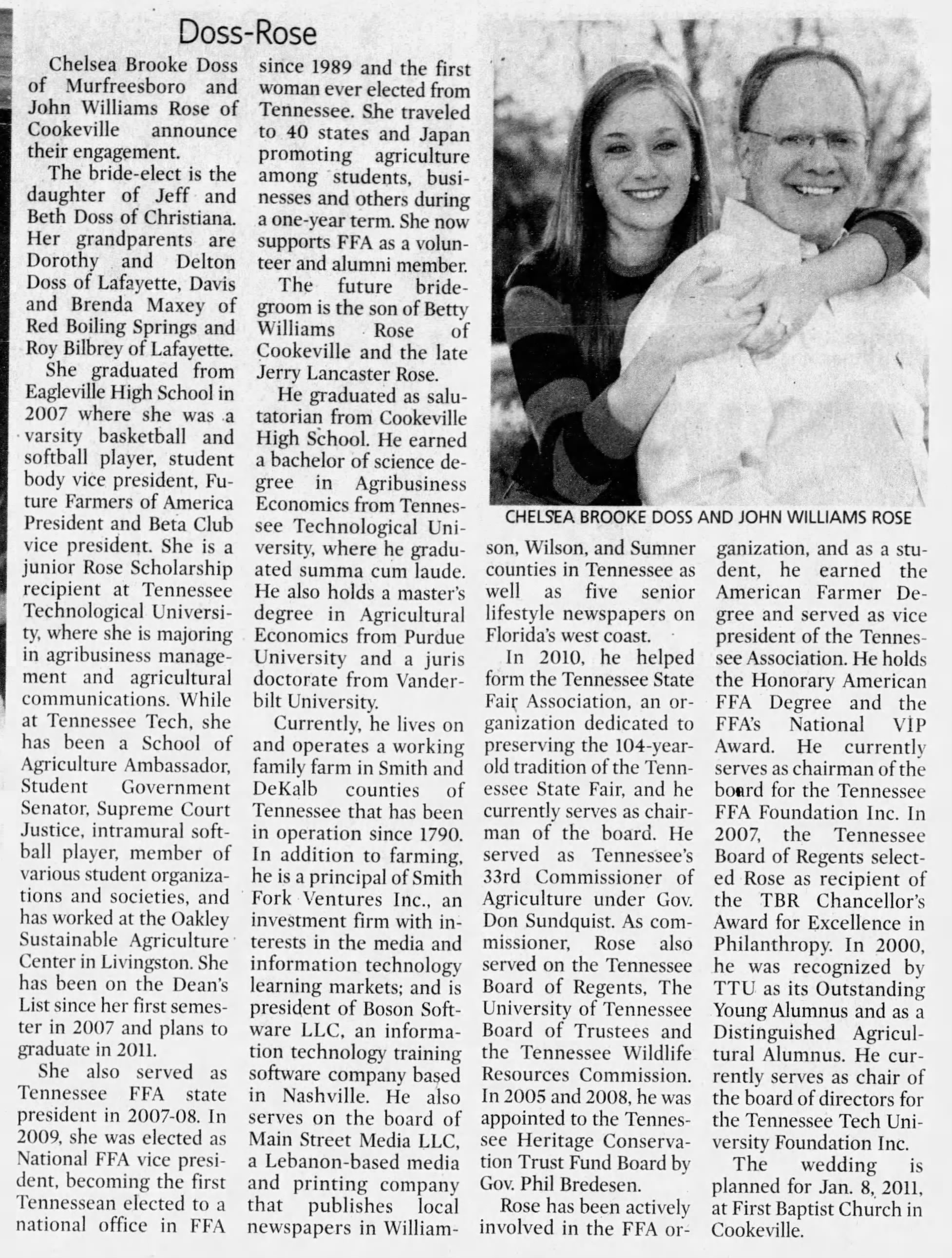 Doss Rose Engagement Announcement
The Daily News-Journal
Murfreesboro, Tennessee &middot; Sunday, January 02, 2011