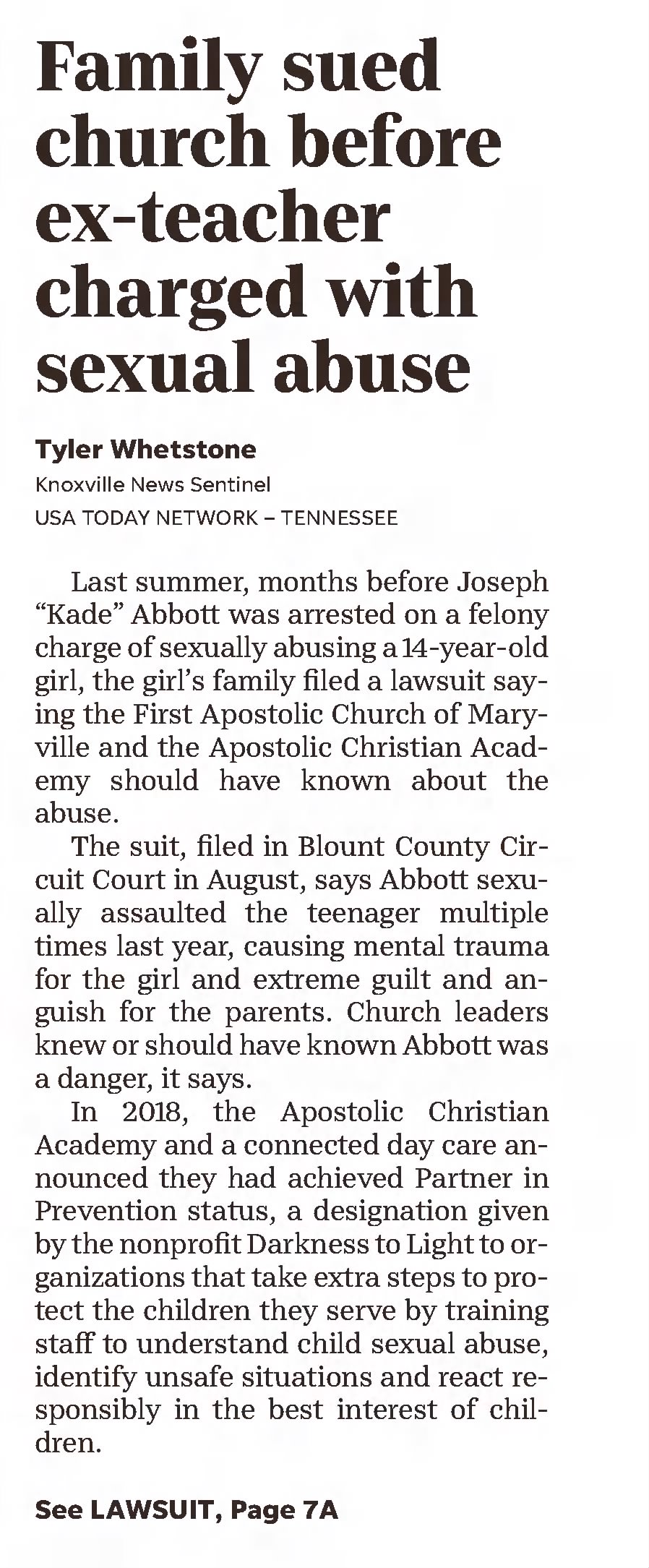 Family sued church before ex-teacher charged with sexual abuse
The Knoxville News-Sentinel
Knoxville, Tennessee &middot; Saturday, January 21, 2023