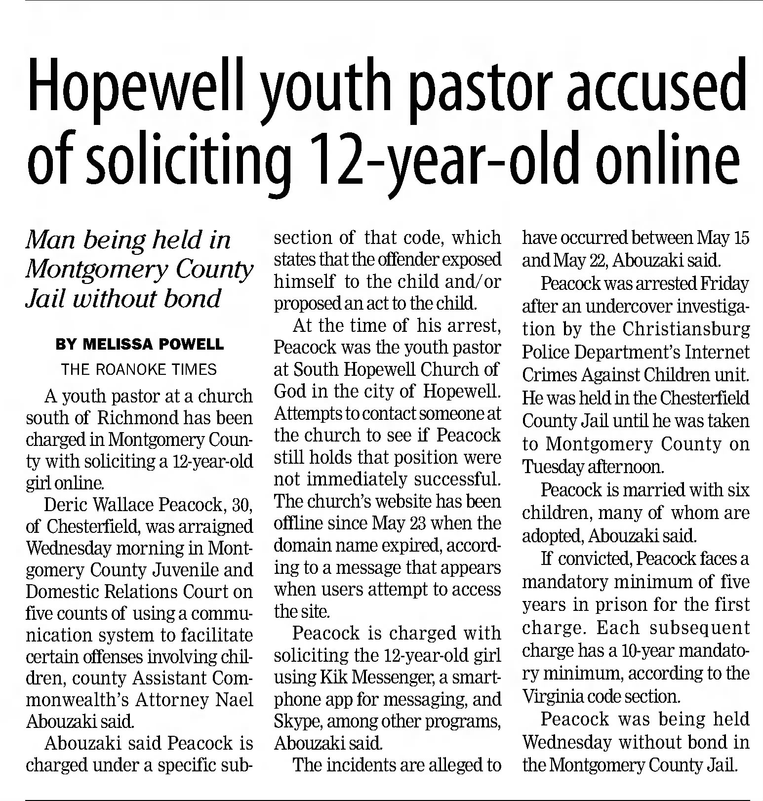 Hopewell youth pastor accused of soliciting 12-year-old online
The Progress-Index
Petersburg, Virginia · Friday, June 06, 2014