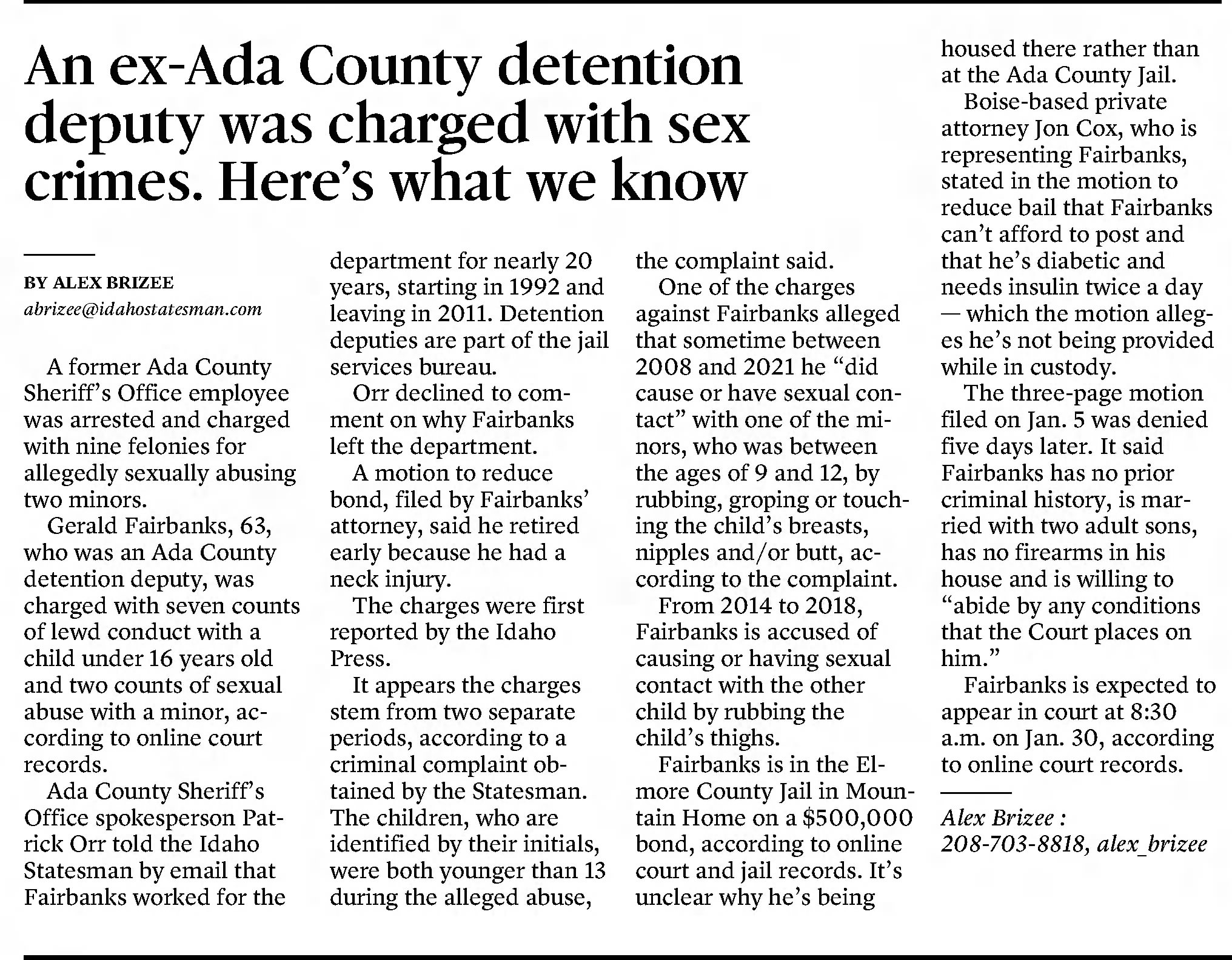 An ex-Ada County detention deputy was charged with sex crimes. Here's what we know. 
&times;
The Idaho Statesman
Boise, Idaho &middot; Thursday, January 19, 2023