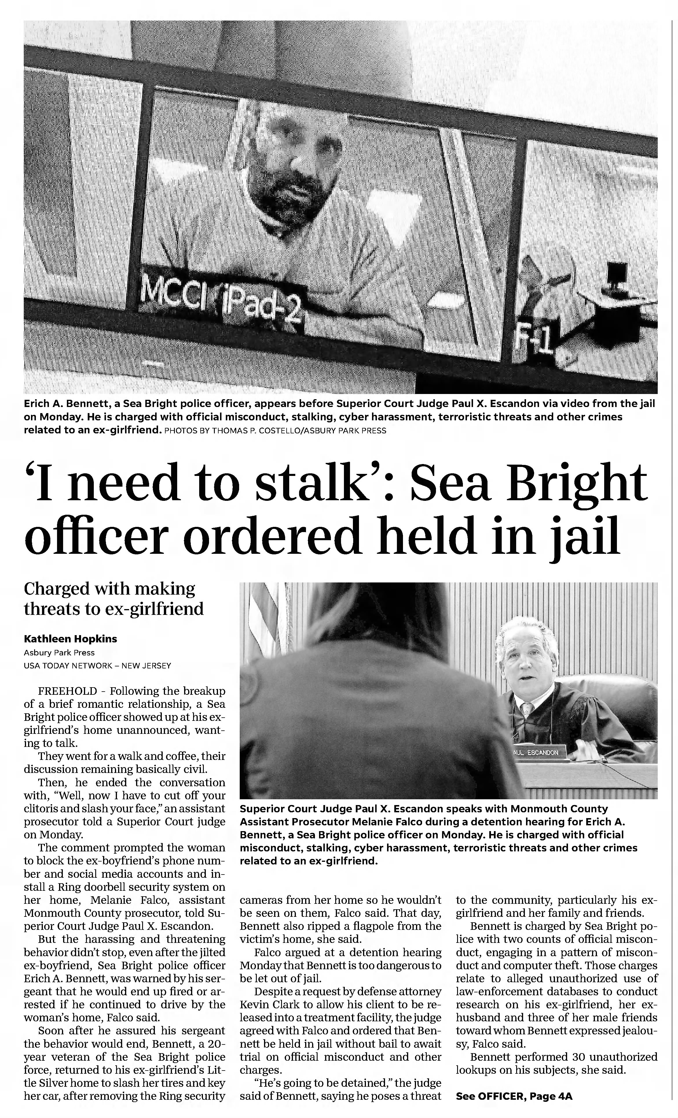 'I need to stalk': Sea Bright officer ordered held in jail.
Asbury Park Press
Asbury Park, New Jersey · Tuesday, February 07, 2023