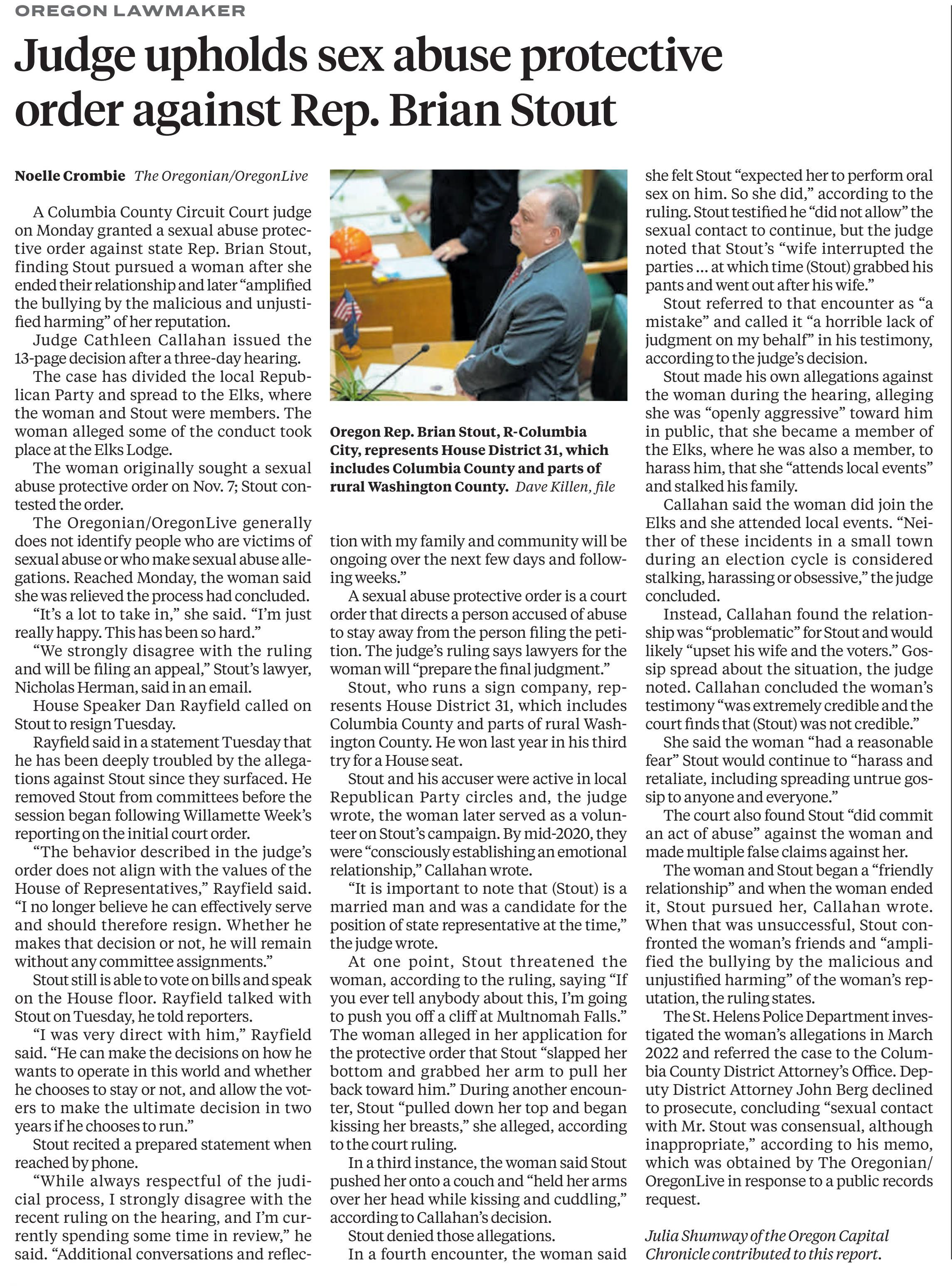 Judge upholds sex abuse protective order against Rep. Brian Stout
Oregonian, The (Portland, OR)
May 10, 2023