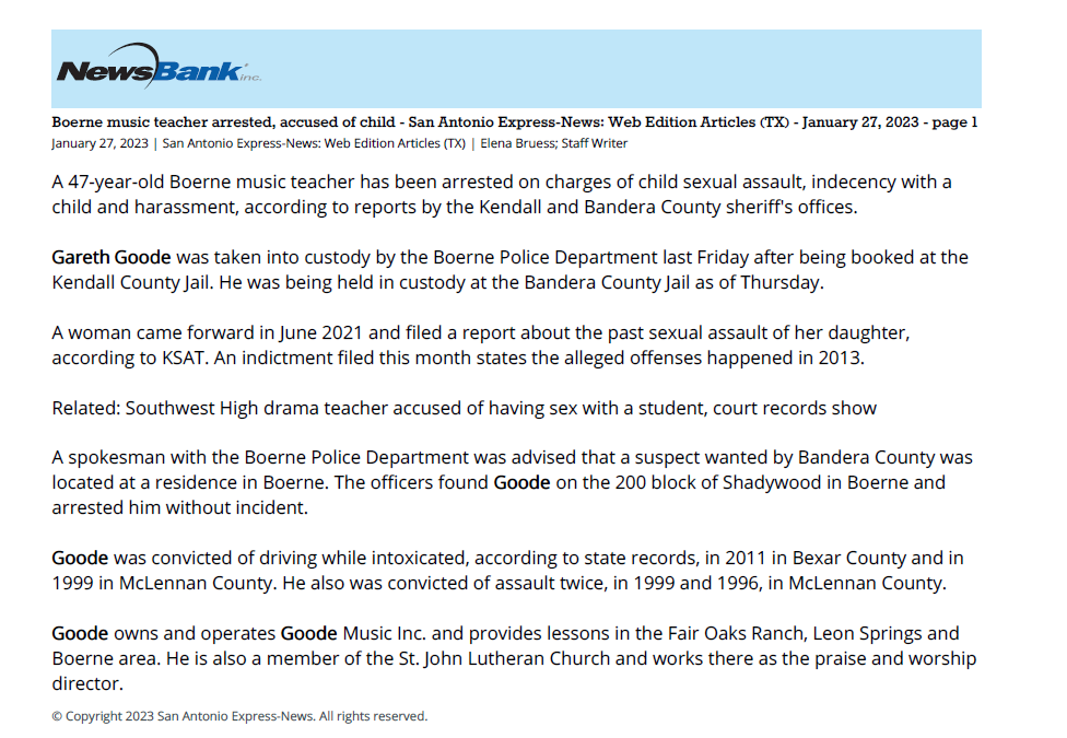 San Antonio Express: Boerne music teacher arrested, accused of child sex assault