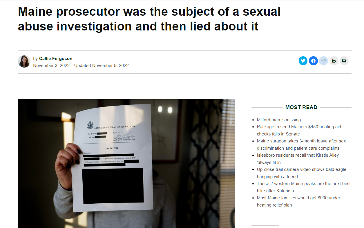 ScreensBangor Daily News: Maine prosecutor was the subject of a sexual abuse investigation and then lied about ithot of