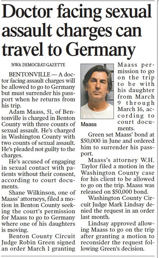 Doctor facing sexual assault charges can travel to Germany
Northwest Arkansas Democrat-Gazette (AR)
March 9, 2023
