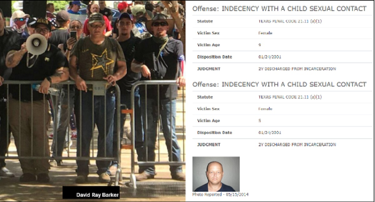 Picture of him at Texas Patriot Network anti-Muslim rally and of his sex offender registry 