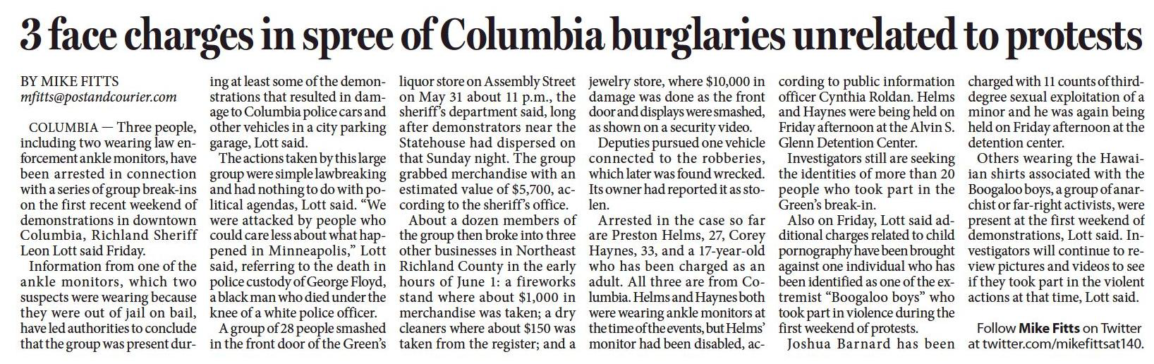 3 face charges in spree of Columbia burglaries unrelated to protests
Post and Courier, The (Charleston, SC)
June 13, 2020