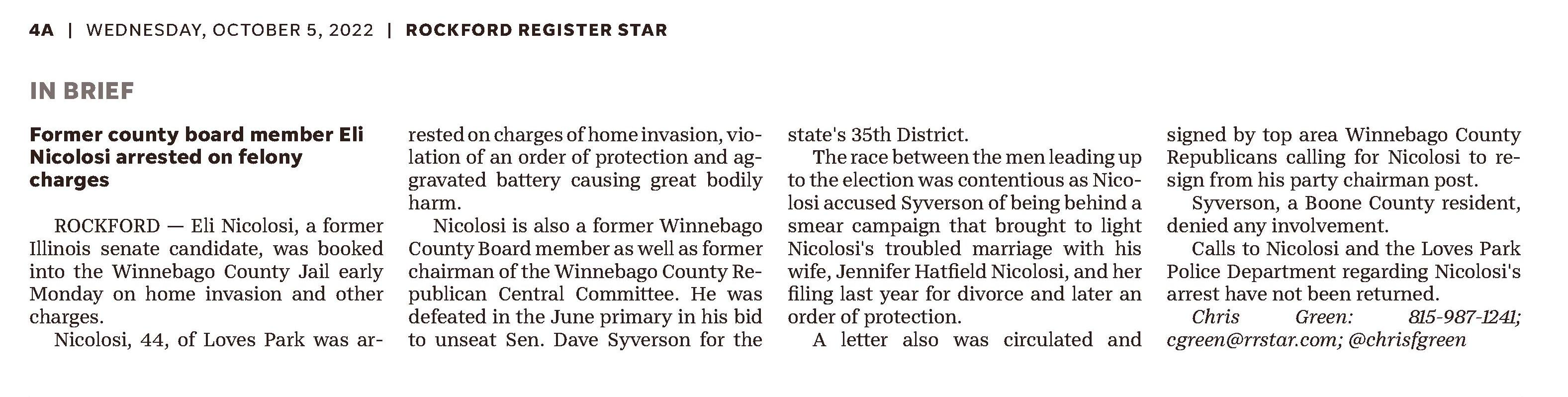 Rockford Register STar
October 4, 2022
Former county board member Eli Nicolosi arrested on felony charges