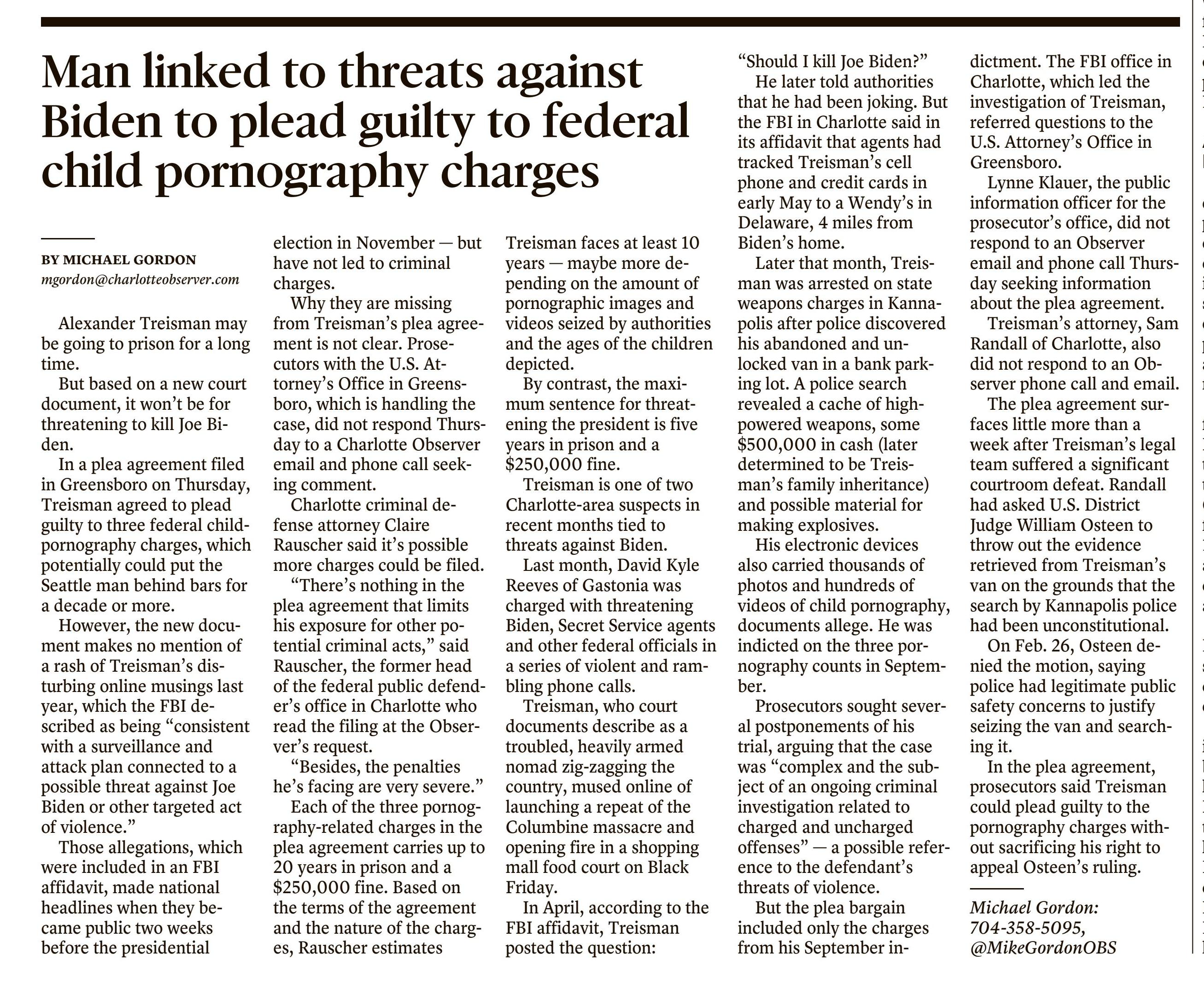 Man linked to threats against Biden to plead guilty to federal child pornography charged
Herald-Sun, The (Durham, NC)
March 6, 2021