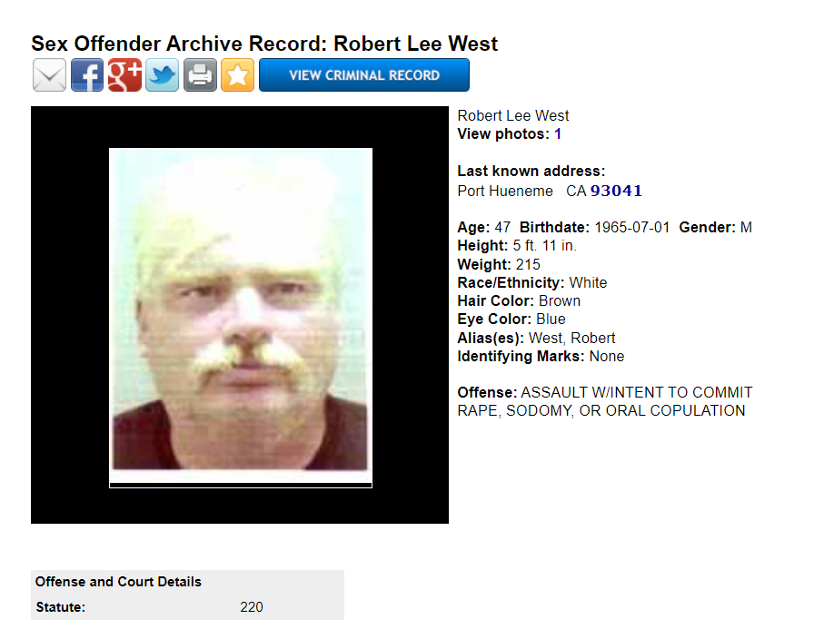 Sex Offender Archive Record: Robert Lee West
Offense: Assault w/intent to commit rape, sodomy, or oral copulation