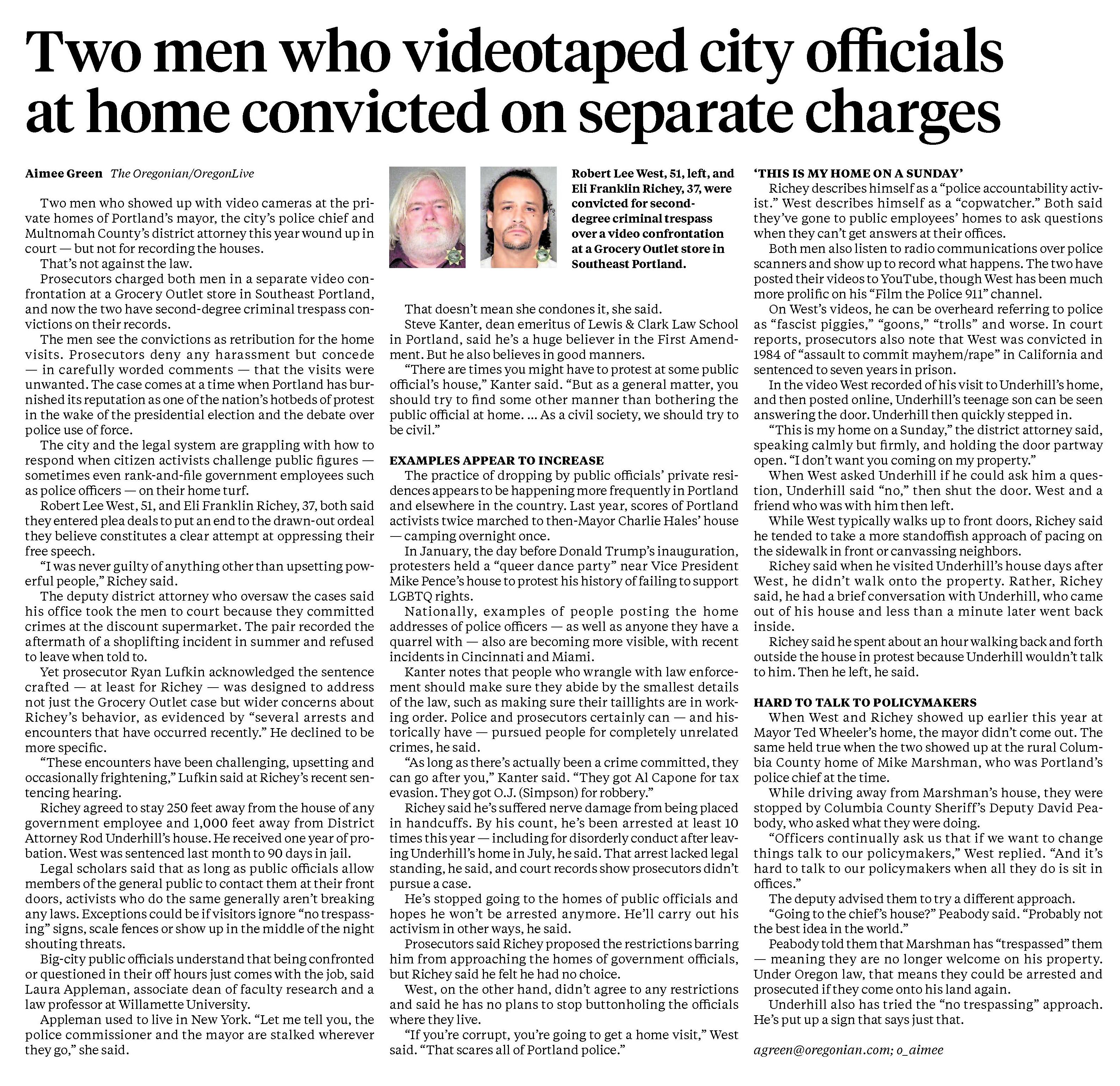 Two men who videotaped city officials at home convicted on separate charges 
Oregonian, The (Portland, OR)
November 12, 2017
