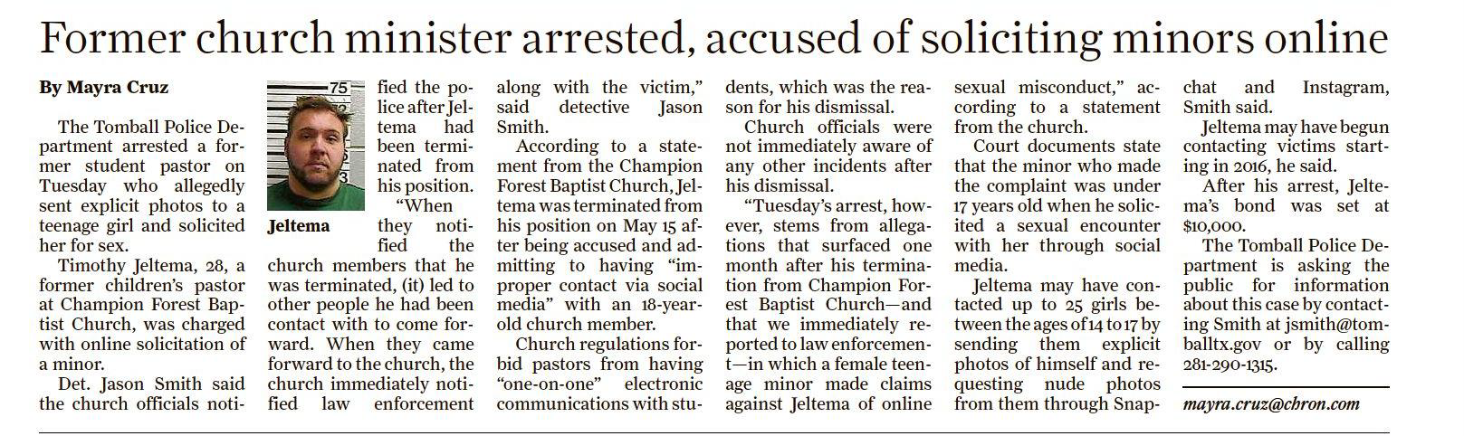 Former church minister arrested, accuse of solicitHouston Chronicle (TX)
June 20, 2018ing minors online
