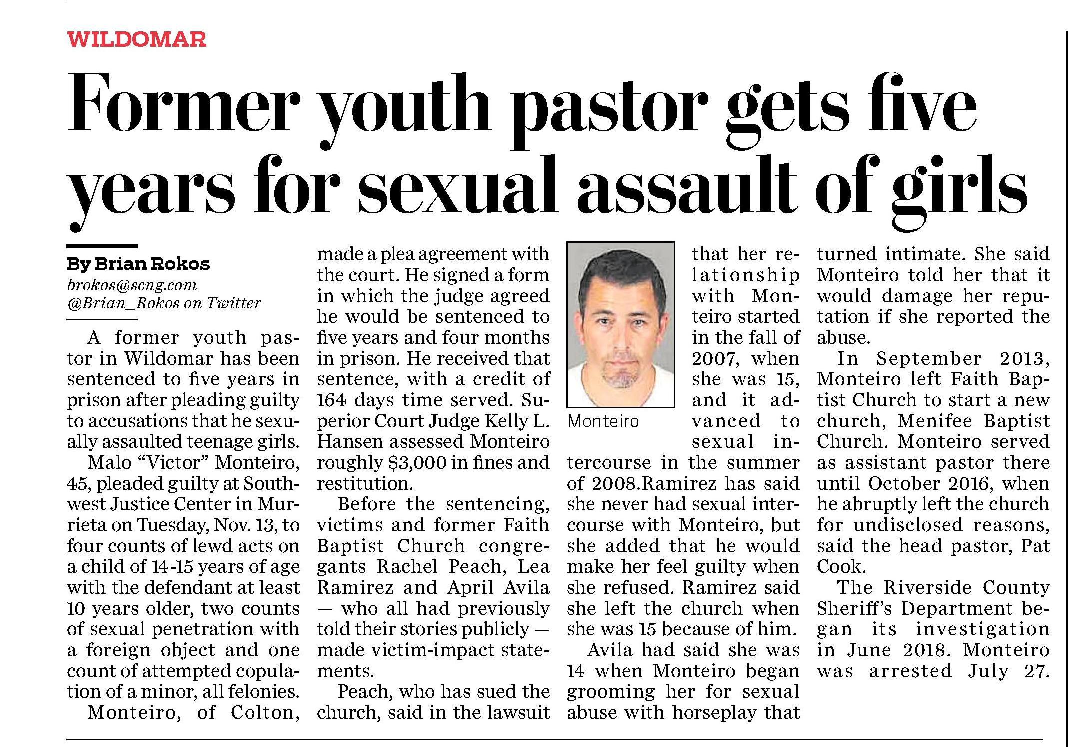 Former youth pastor gets five years for sexual assault of girls 
Press-Enterprise, The (Riverside, CA)
November 16, 2018