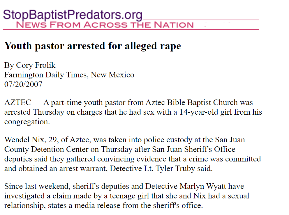 Youth pastor arrested for alleged rape
Stop Baptist Predators.