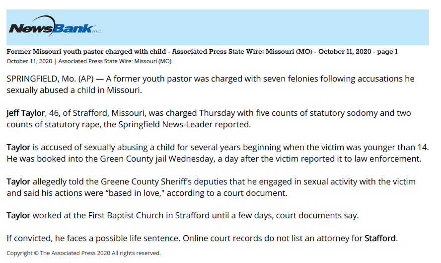 Former Missouri youth pastor charged with child sex abuse
Associated Press State Wire: Missouri (MO)
October 11, 2020