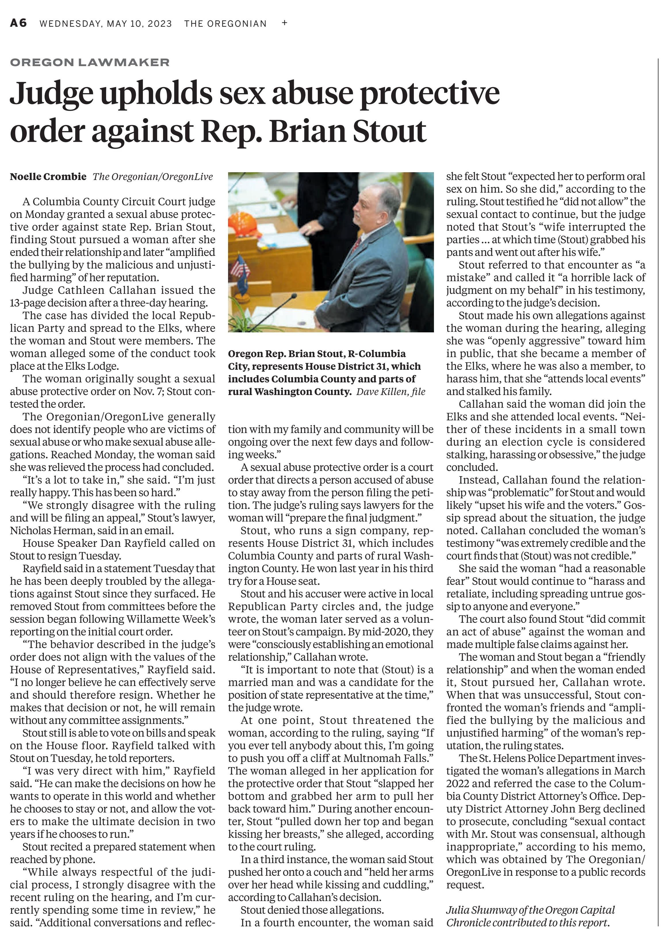 Judge upholds sex abuse protective order against Rep. Brian Stout
Oregonian, The (Portland, OR)
May 10, 2023